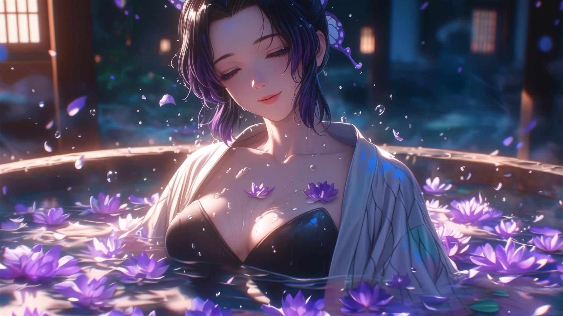 Shinobu Kocho in a flower-filled tub in a Chinese spa