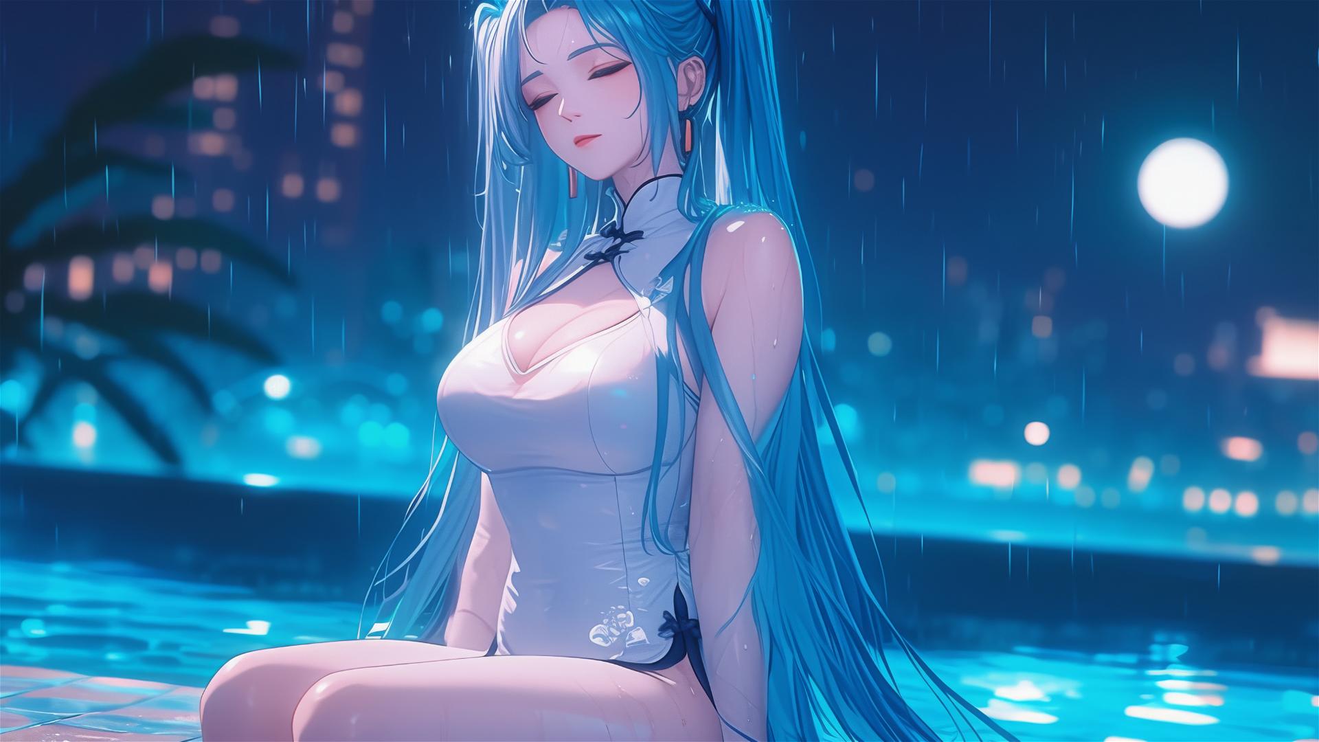 Hatsune Miku resting at a rainy swimming pool illuminated by moonlight.