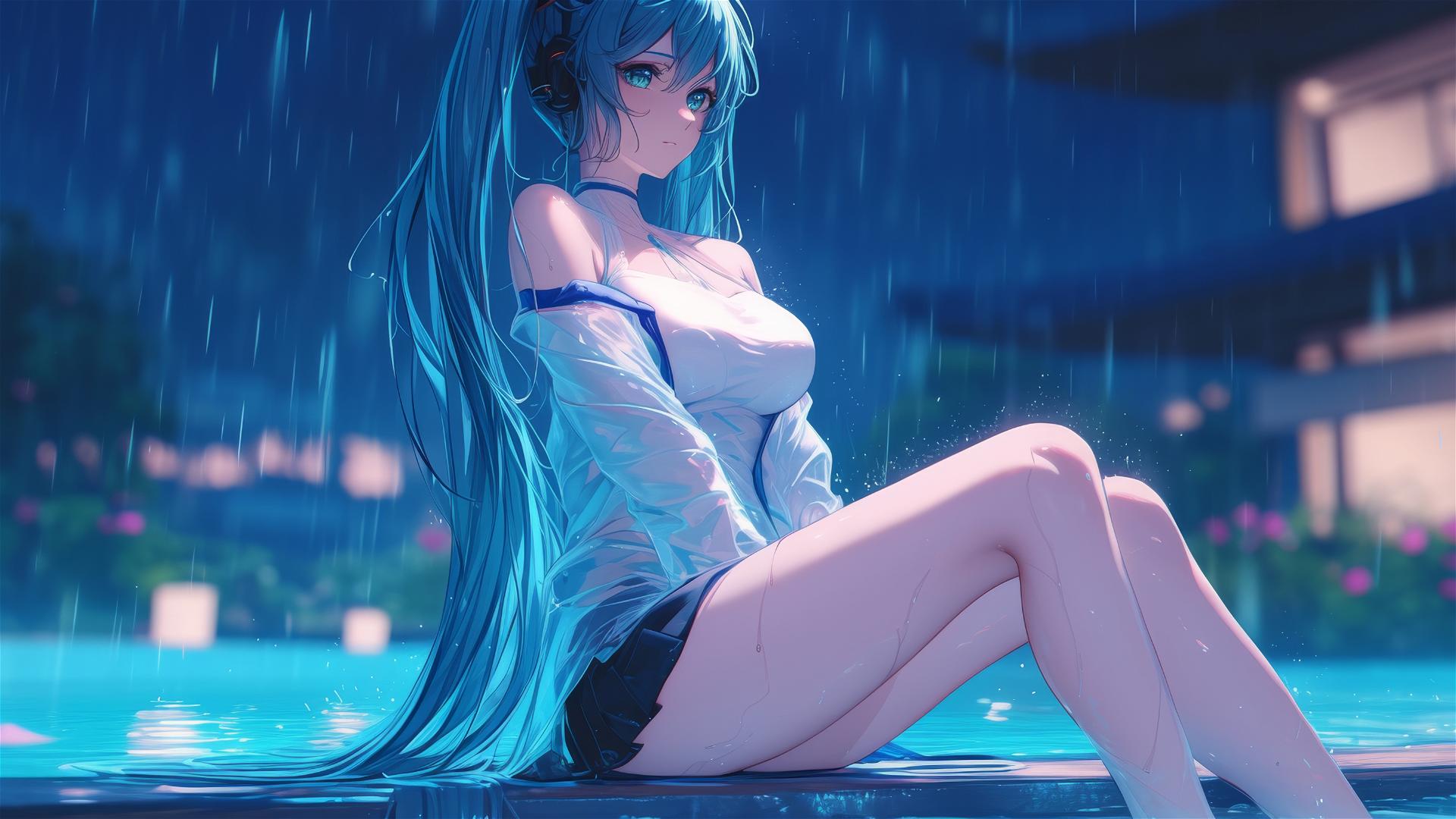 Hatsune Miku resting at a rainy pool with moonlight glow
