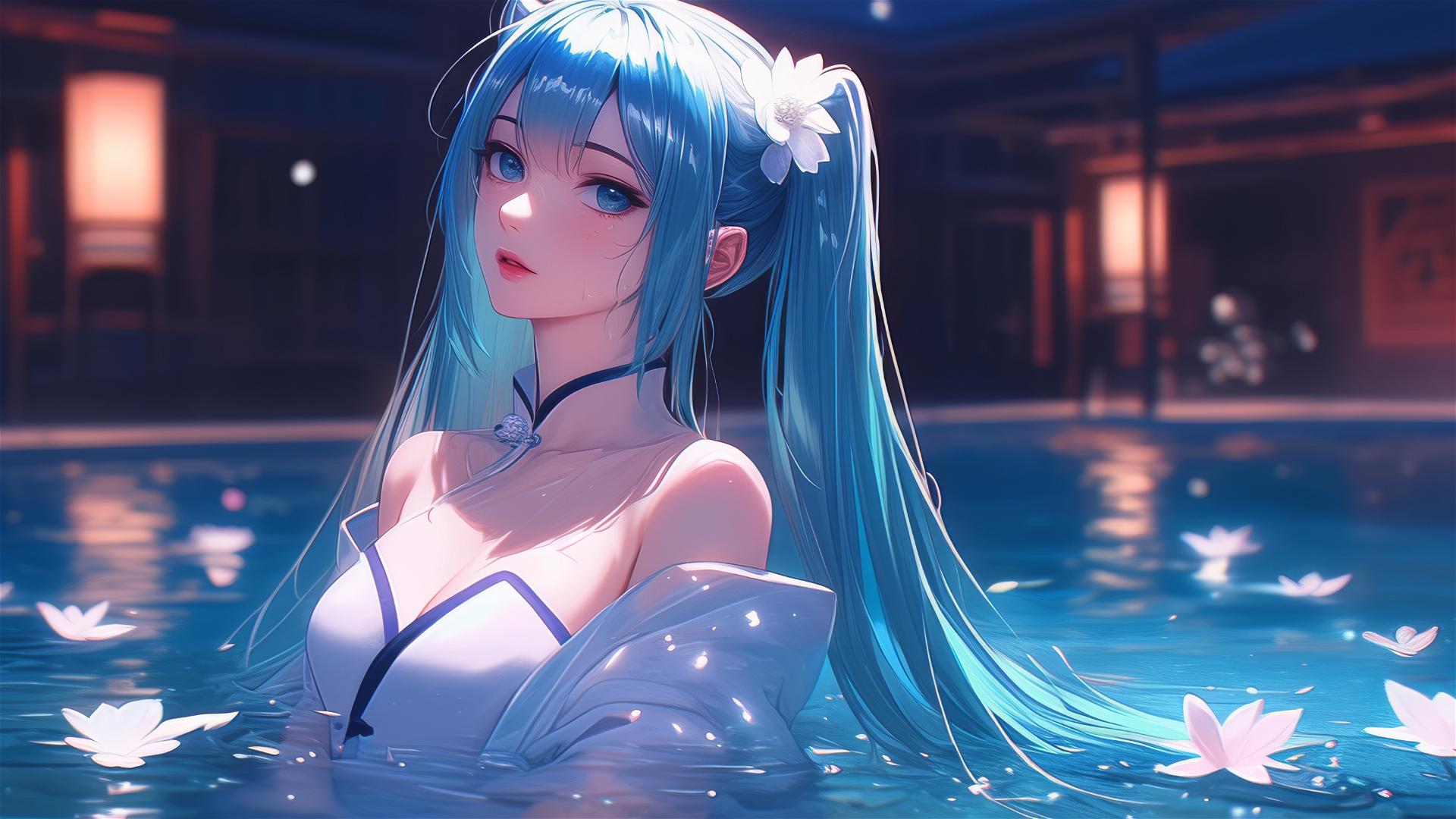 Hatsune Miku in a tub of flowers at a Chinese spa