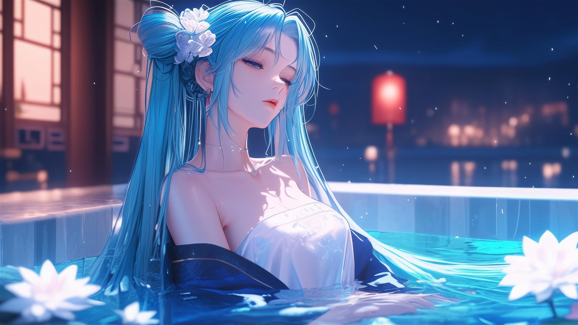 Hatsune Miku from Vocaloid in a flower-filled tub at a Chinese spa
