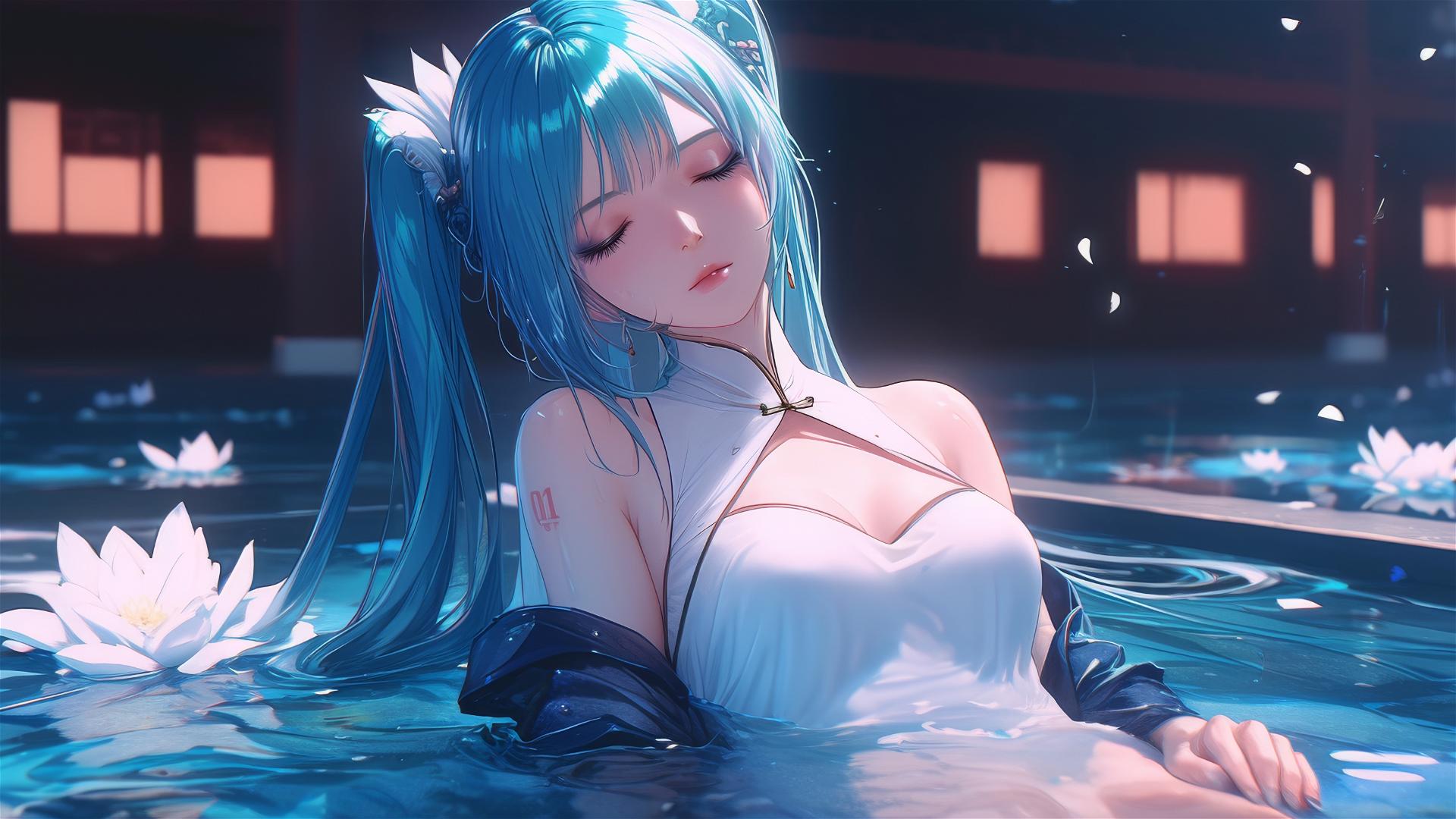 Hatsune Miku in tub of flowers at a Chinese spa