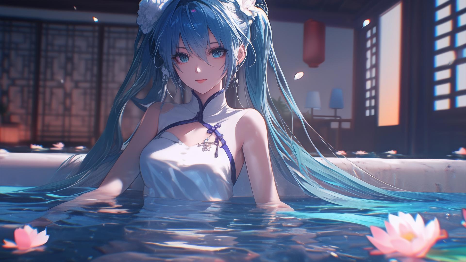 Hatsune Miku in a flower-filled bathtub at a Chinese spa