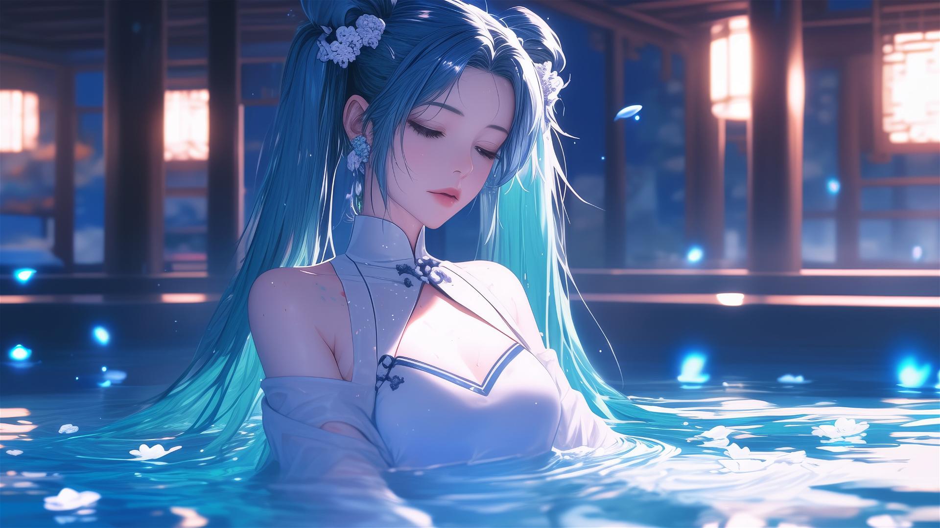 Hatsune Miku in a tub full of flowers at a Chinese spa