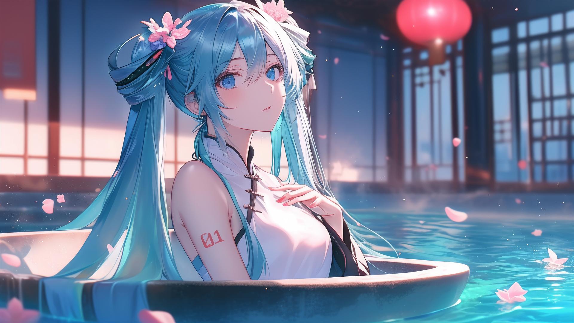 Hatsune Miku in a flower-filled tub at a Chinese spa
