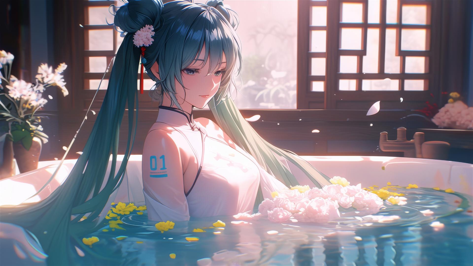 Hatsune Miku in a flower-filled tub, Chinese spa.