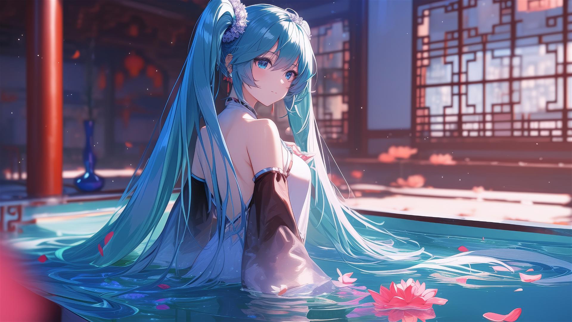 Hatsune Miku in a flower-filled tub at a Chinese spa
