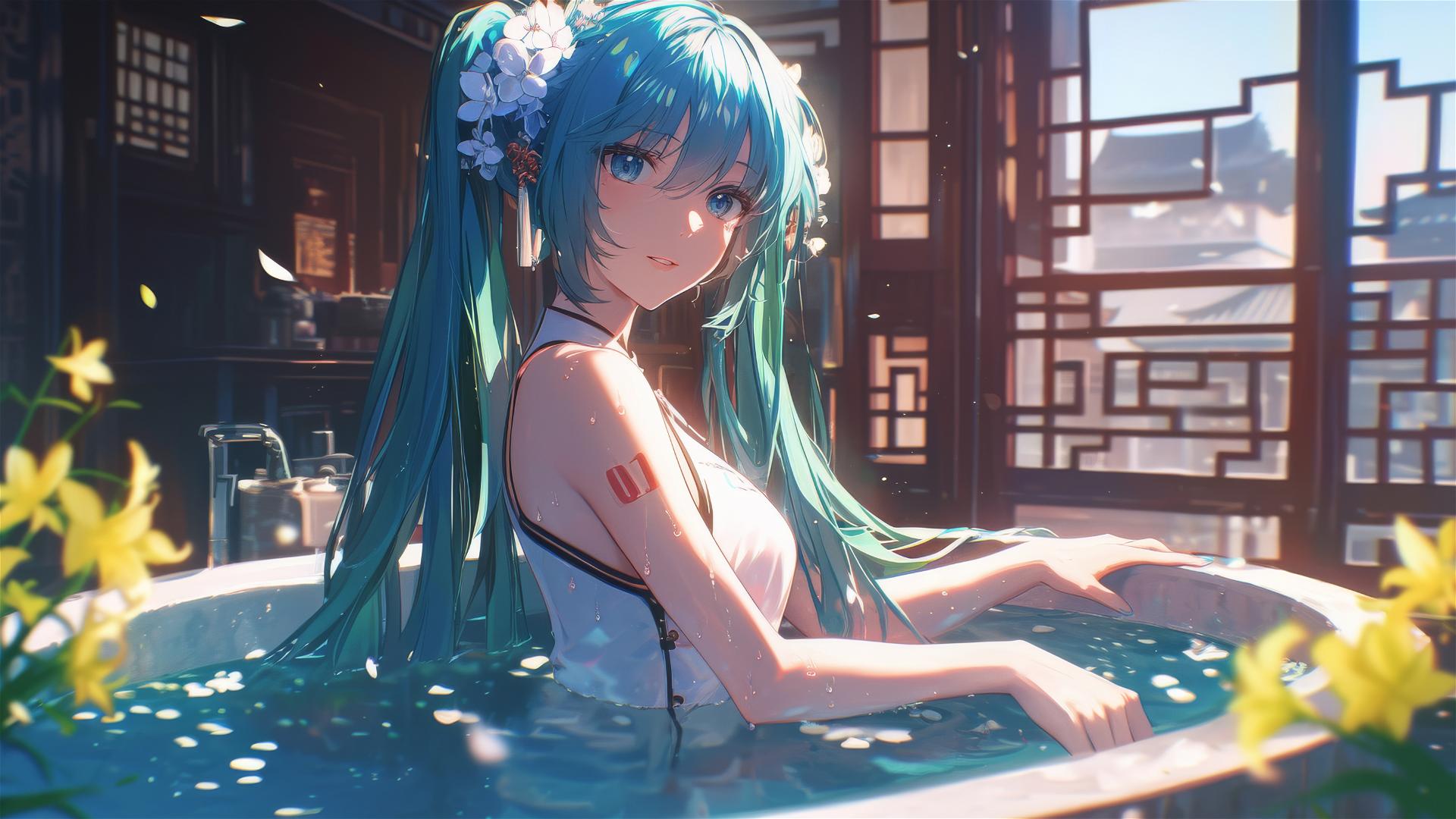 Hatsune Miku in a flower-filled tub at a Chinese spa