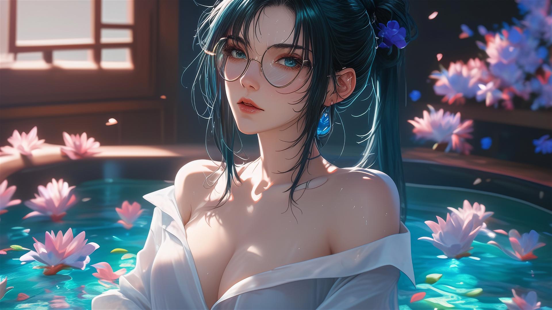 Maki Zenin from Jujutsu Kaisen in a white shirt inside a tub of flowers