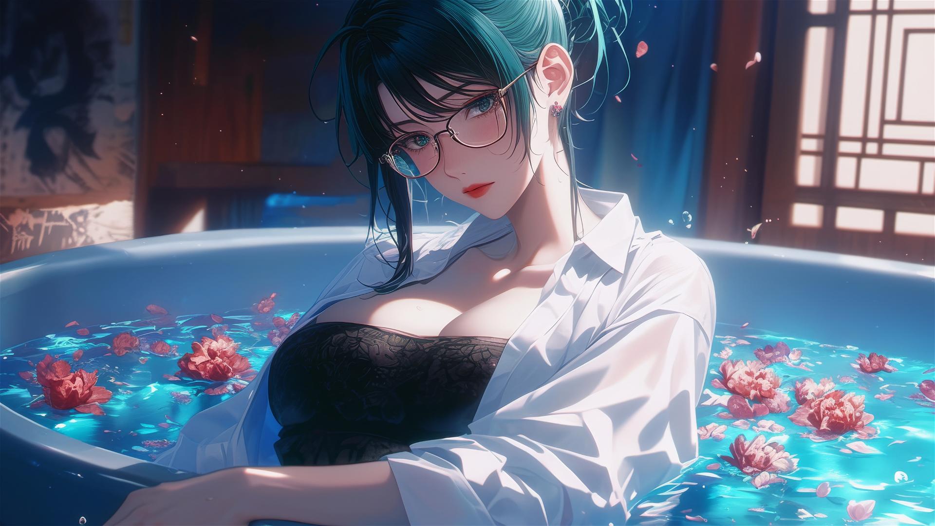 Maki Zenin in a white shirt, in a tub full of flowers, wearing glasses
