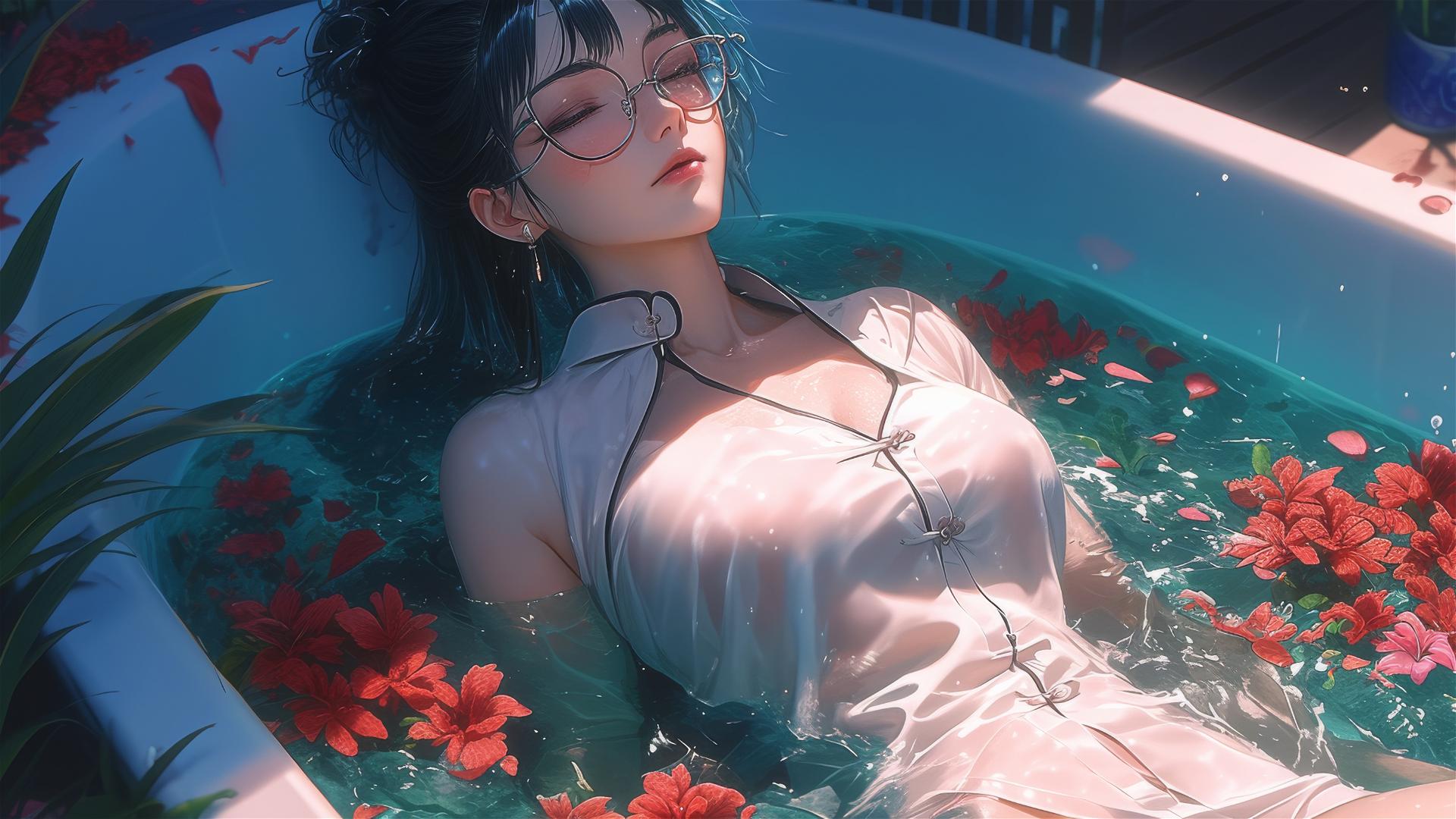 Maki Zenin from Jujutsu Kaisen in white pajamas, in a tub full of flowers, Chinese spa, with glasses.