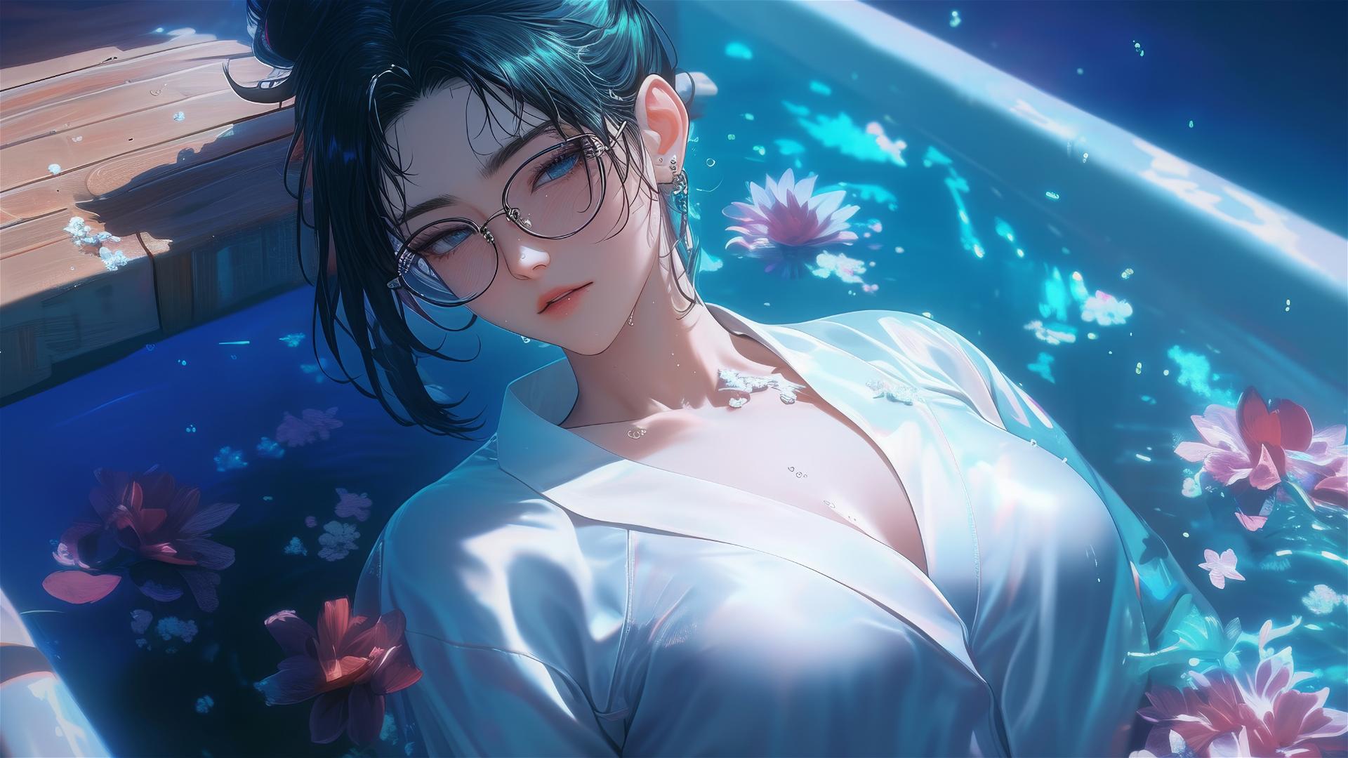 Maki Zenin in white pajamas inside a tub full of flowers at a Chinese spa, wearing glasses