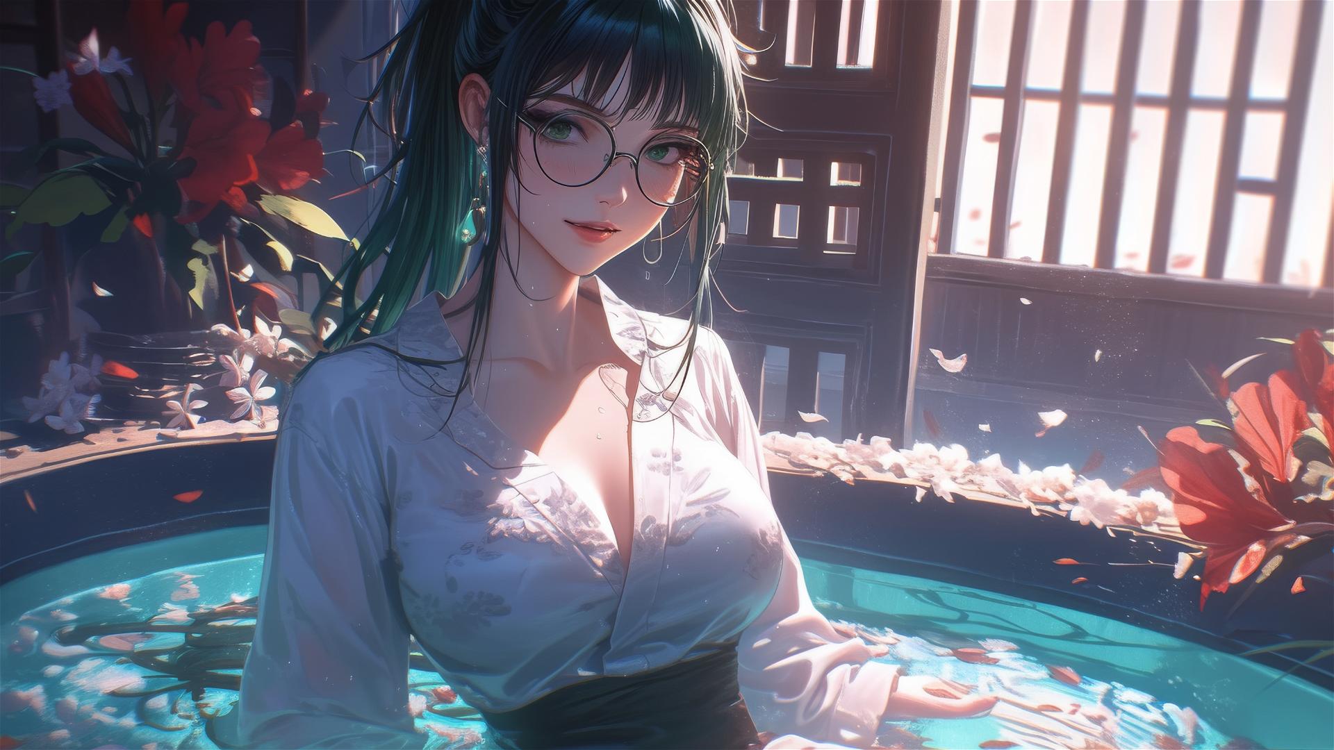 Maki Zenin from Jujutsu Kaisen in white pajamas, in a flower-filled tub, wearing glasses.