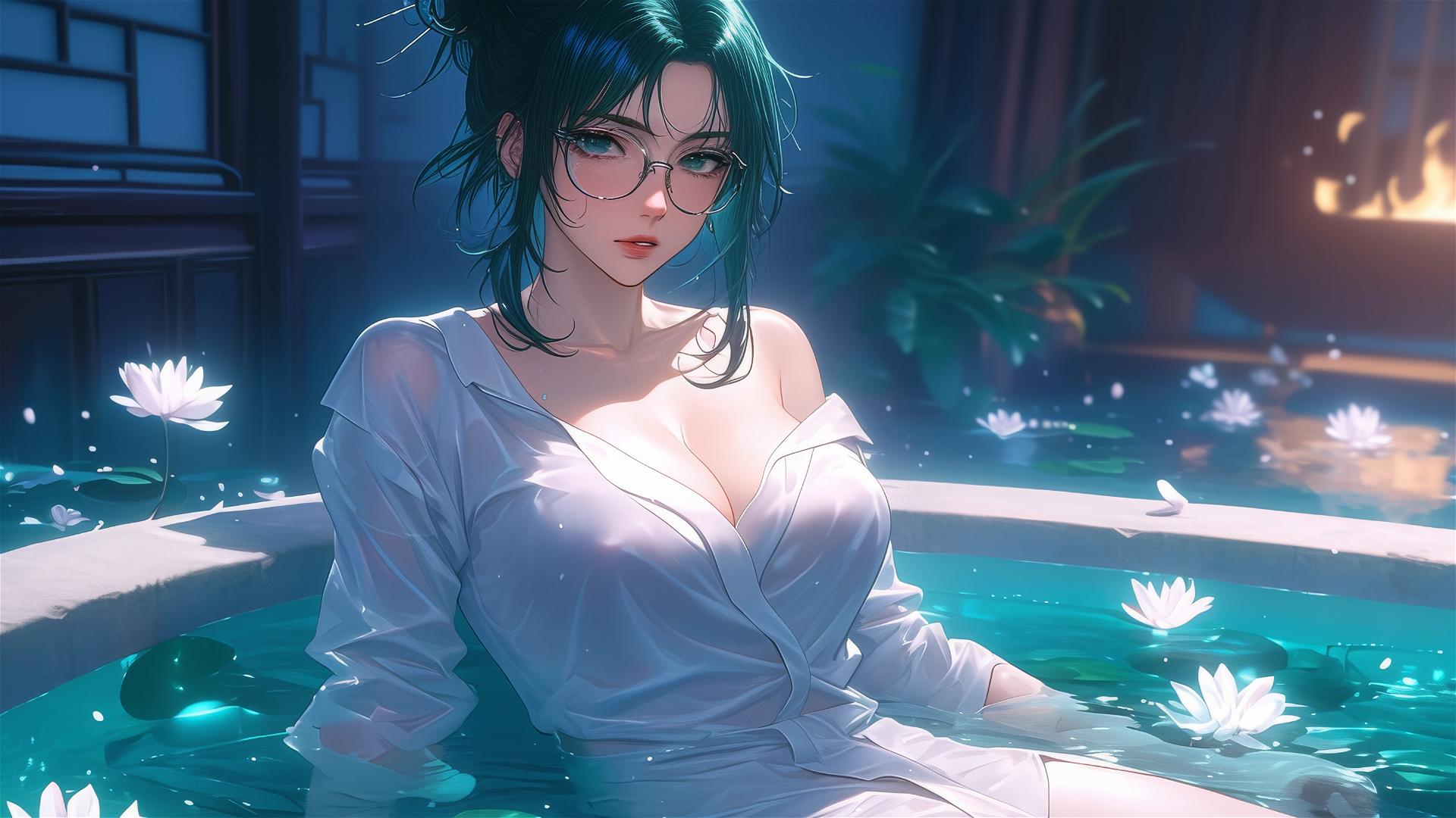 Maki Zenin from Jujutsu Kaisen in white pajamas inside a tub full of flowers