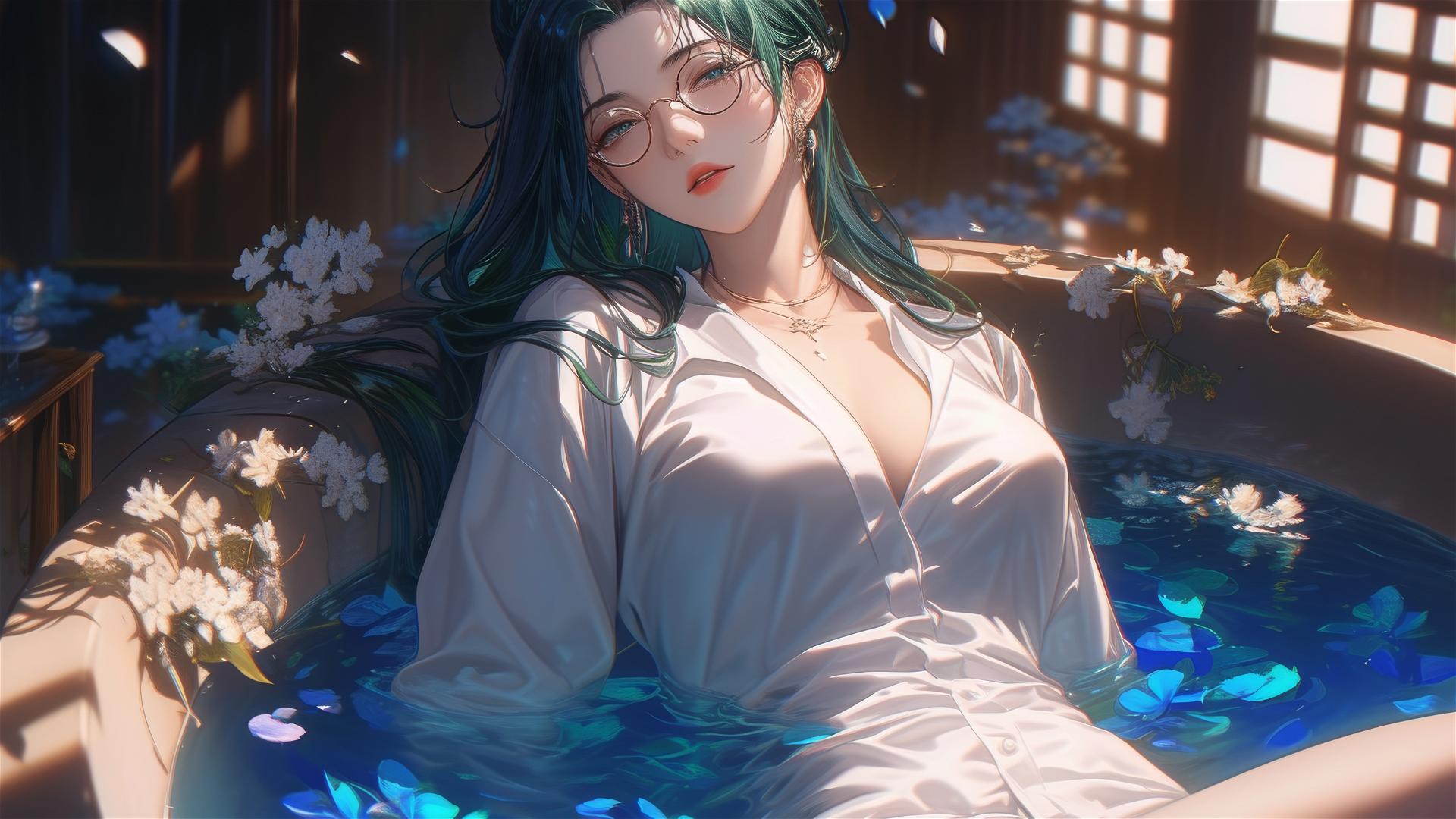 Maki Zenin from Jujutsu Kaisen in white pajamas, in a tub full of flowers