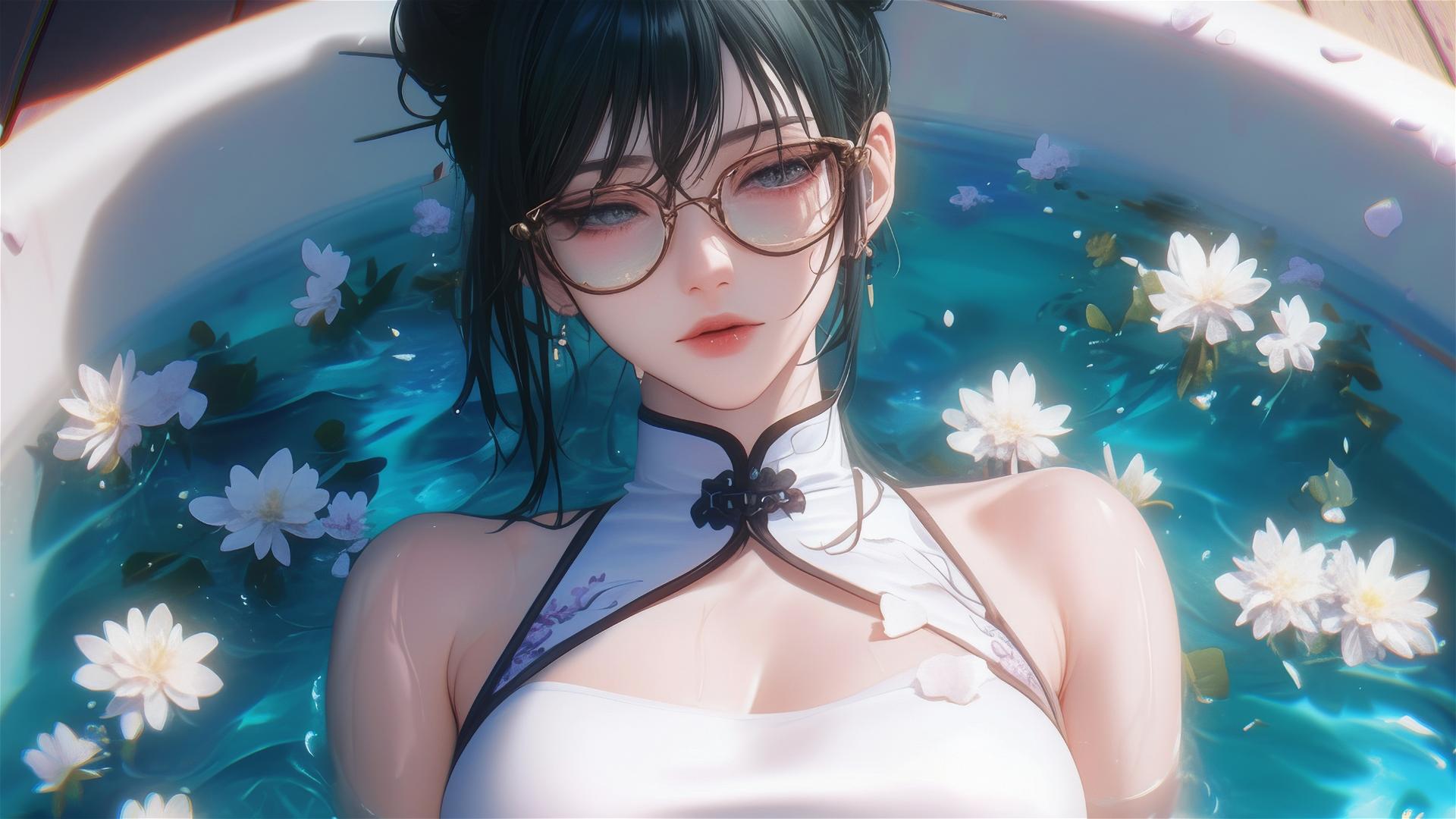 Maki Zenin from Jujutsu Kaisen in a tub full of flowers at a Chinese spa