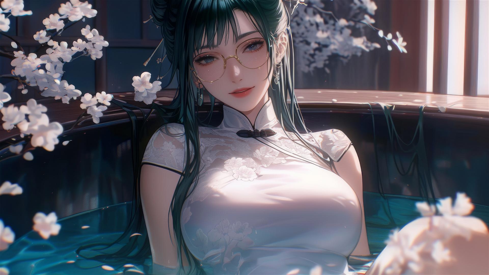 Maki Zenin from Jujutsu Kaisen in a white outfit inside a flower-filled tub, Chinese spa