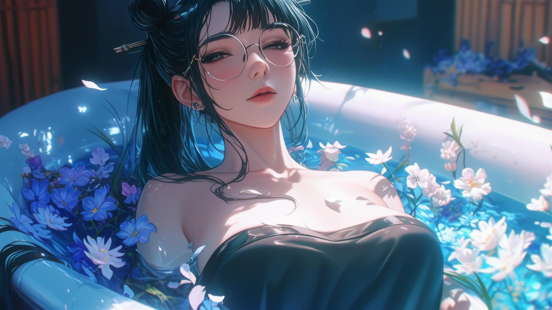Maki Zenin from Jujutsu Kaisen in a tub full of flowers, wearing glasses.