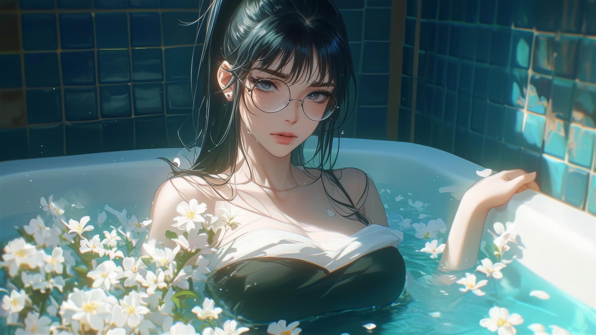 Maki Zenin from Jujutsu Kaisen in white clothes in a tub full of flowers