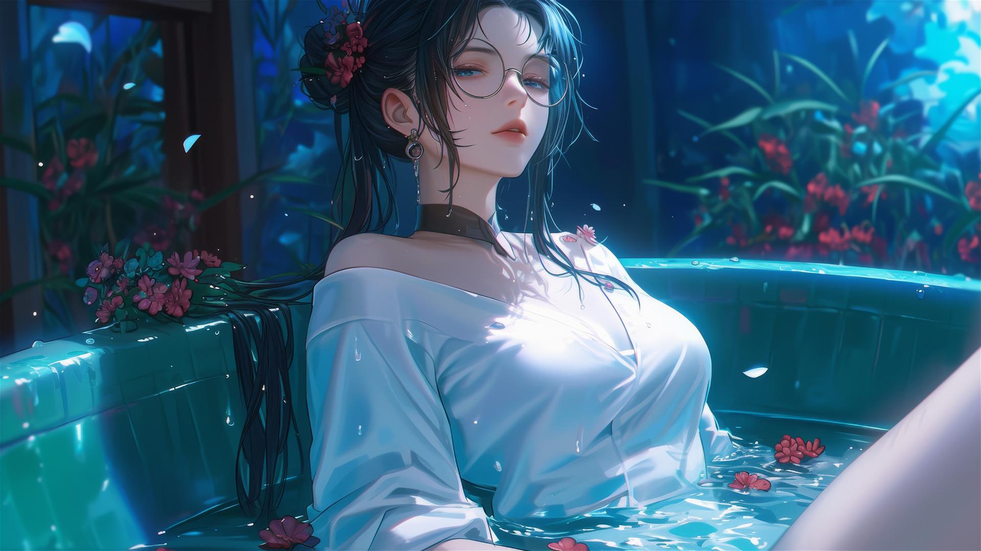 Maki Zenin from Jujutsu Kaisen in pure white attire, in a tub of flowers, Chinese spa.