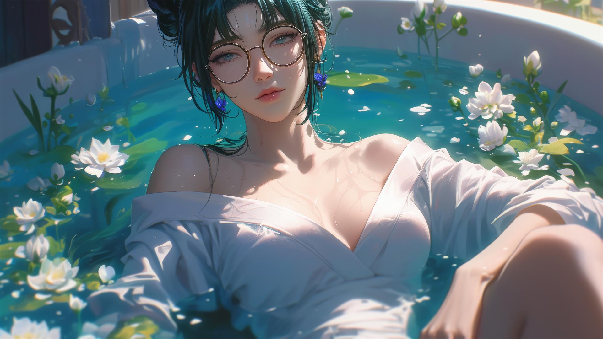 Maki Zenin from Jujutsu Kaisen in white dress, glasses, in flower-filled tub in Chinese spa.