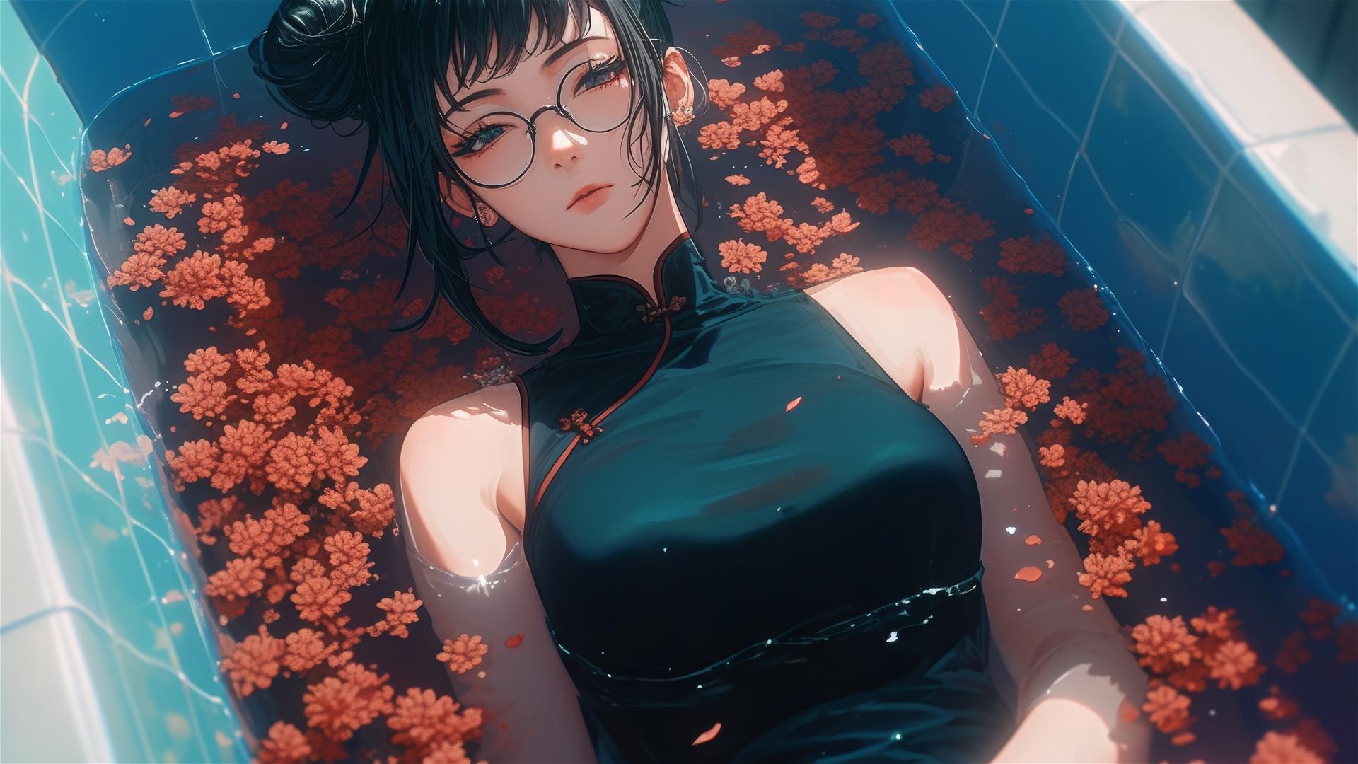 Maki Zenin from Jujutsu Kaisen in a flower-filled tub at a Chinese spa, wearing glasses