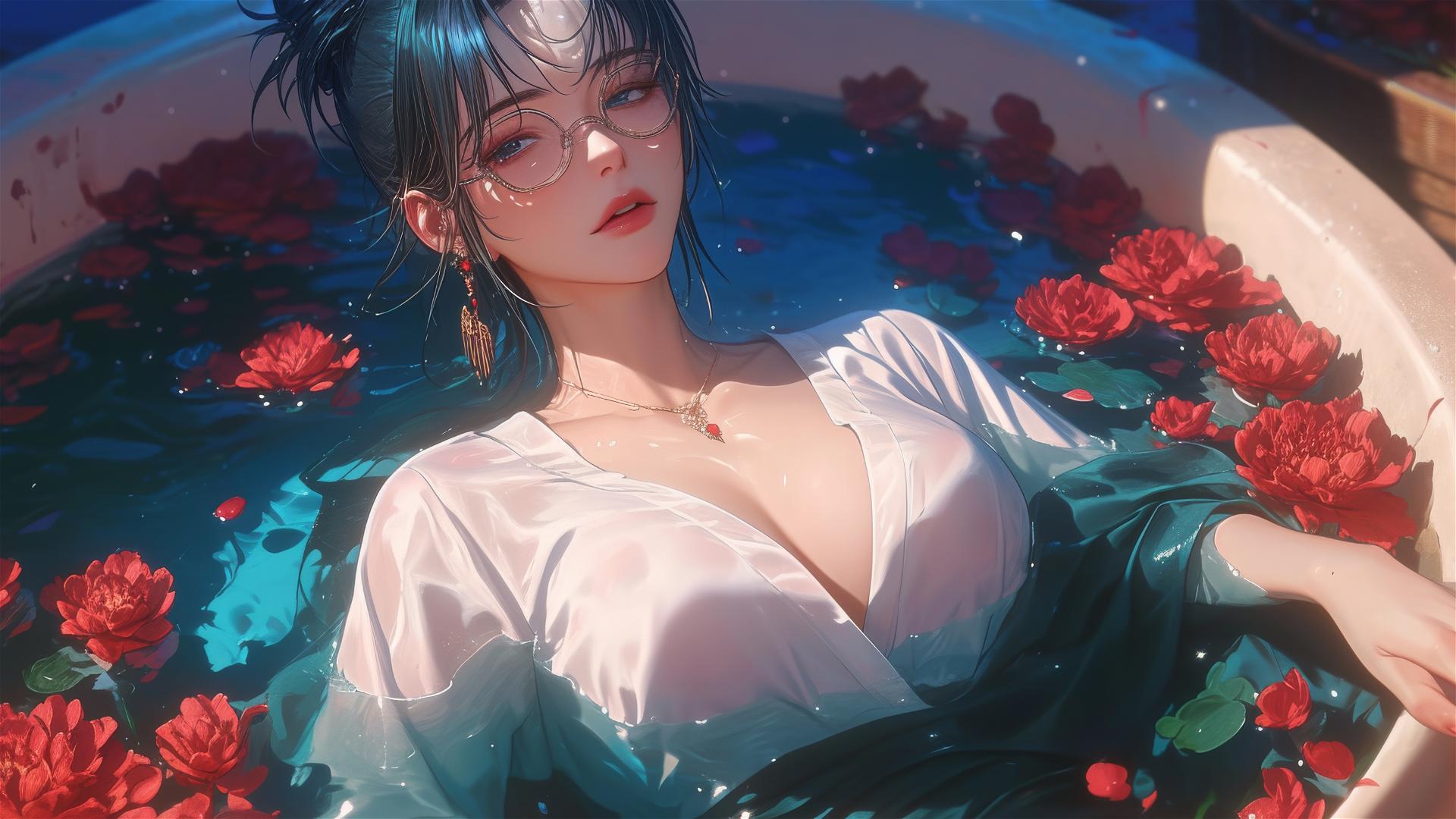 Maki Zenin from Jujutsu Kaisen in a flower-filled tub at a Chinese spa, wearing glasses