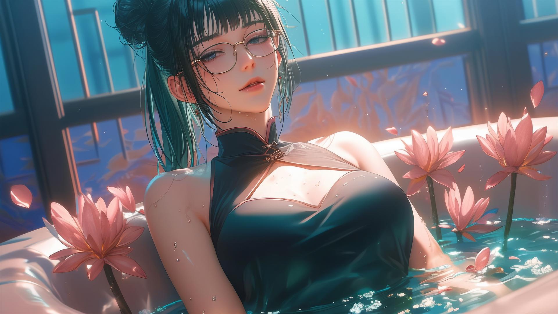 Maki Zenin from Jujutsu Kaisen in tub of flowers, Chinese spa, glasses