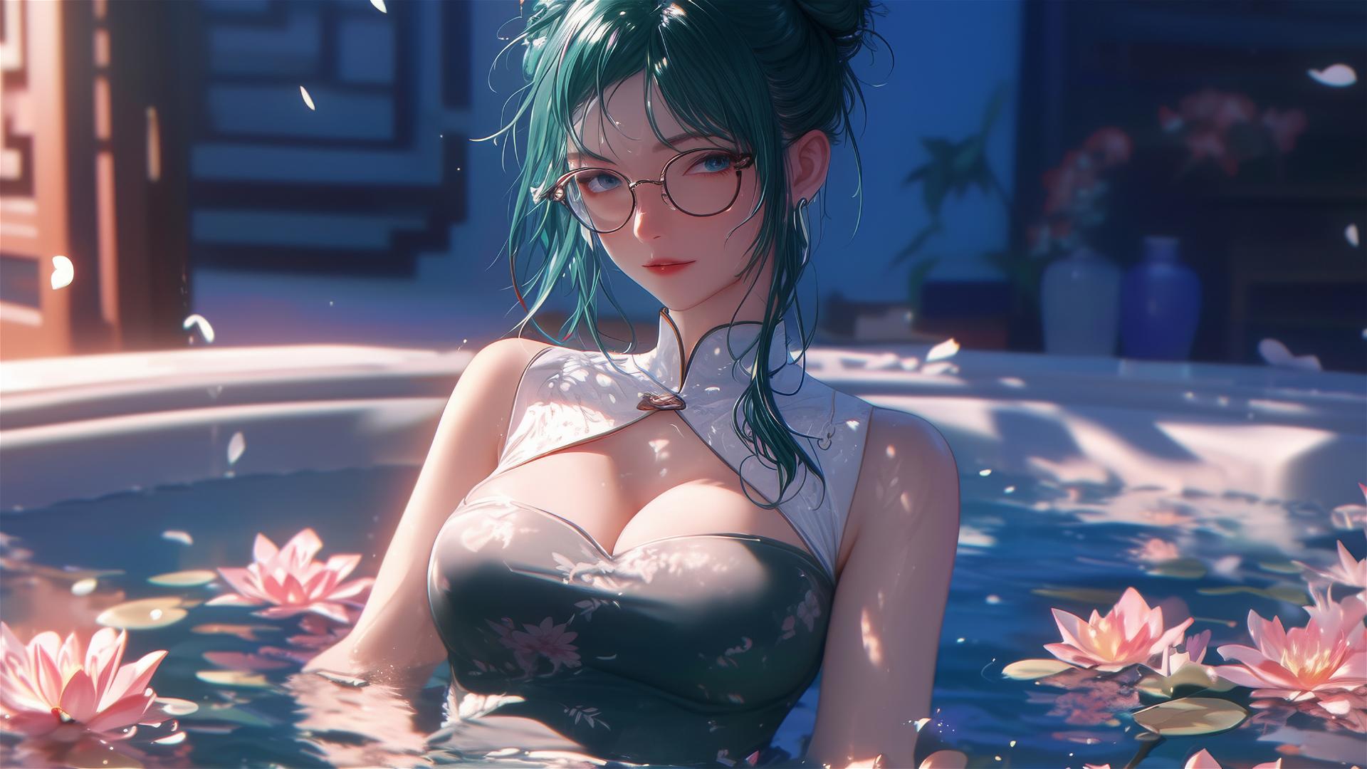 Maki Zenin from Jujutsu Kaisen in a tub full of flowers wearing eyeglasses
