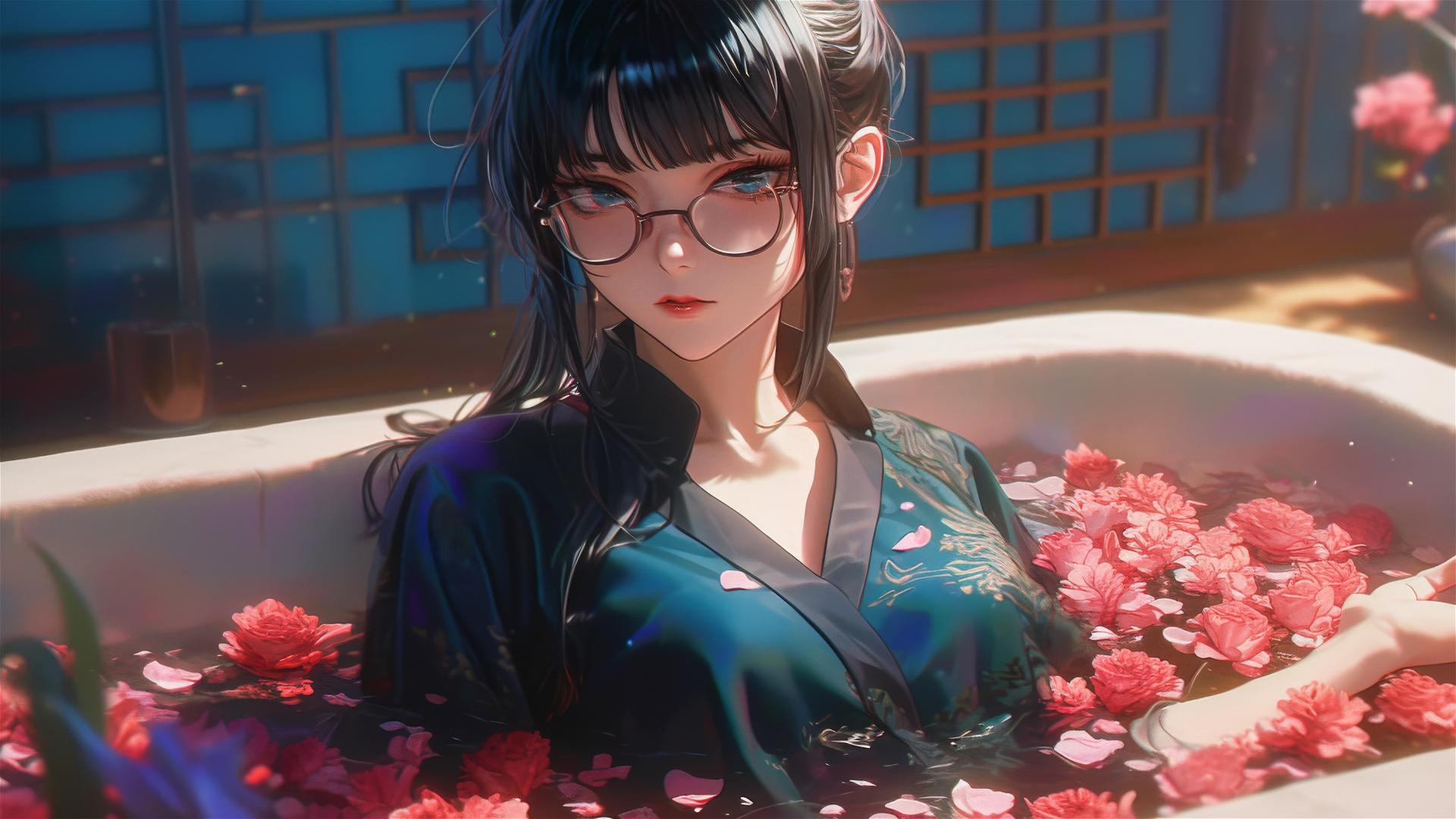Maki Zenin from Jujutsu Kaisen in a tub full of flowers, wearing glasses