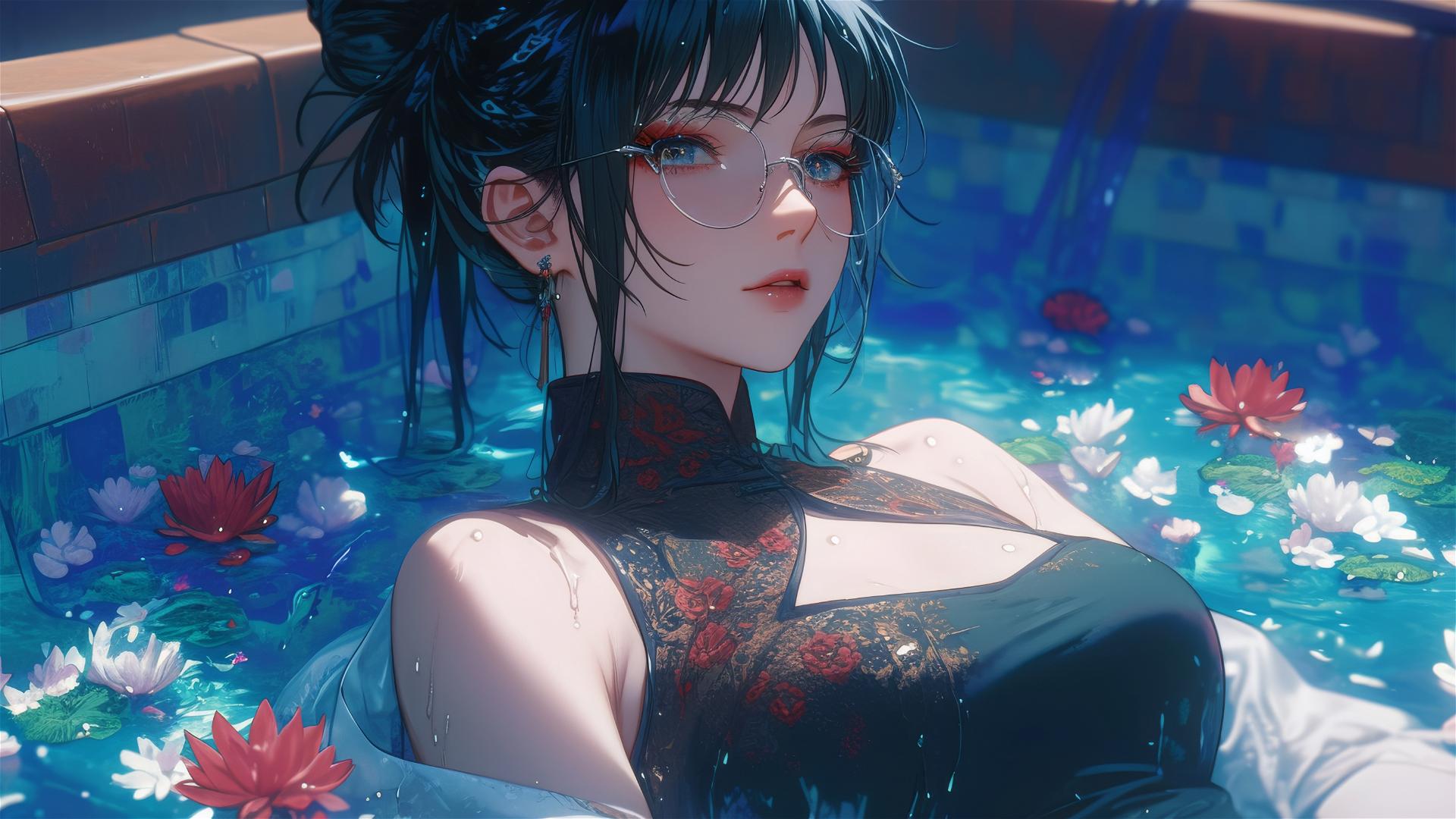Maki Zenin from Jujutsu Kaisen in a flower-filled tub at a Chinese spa, wearing glasses