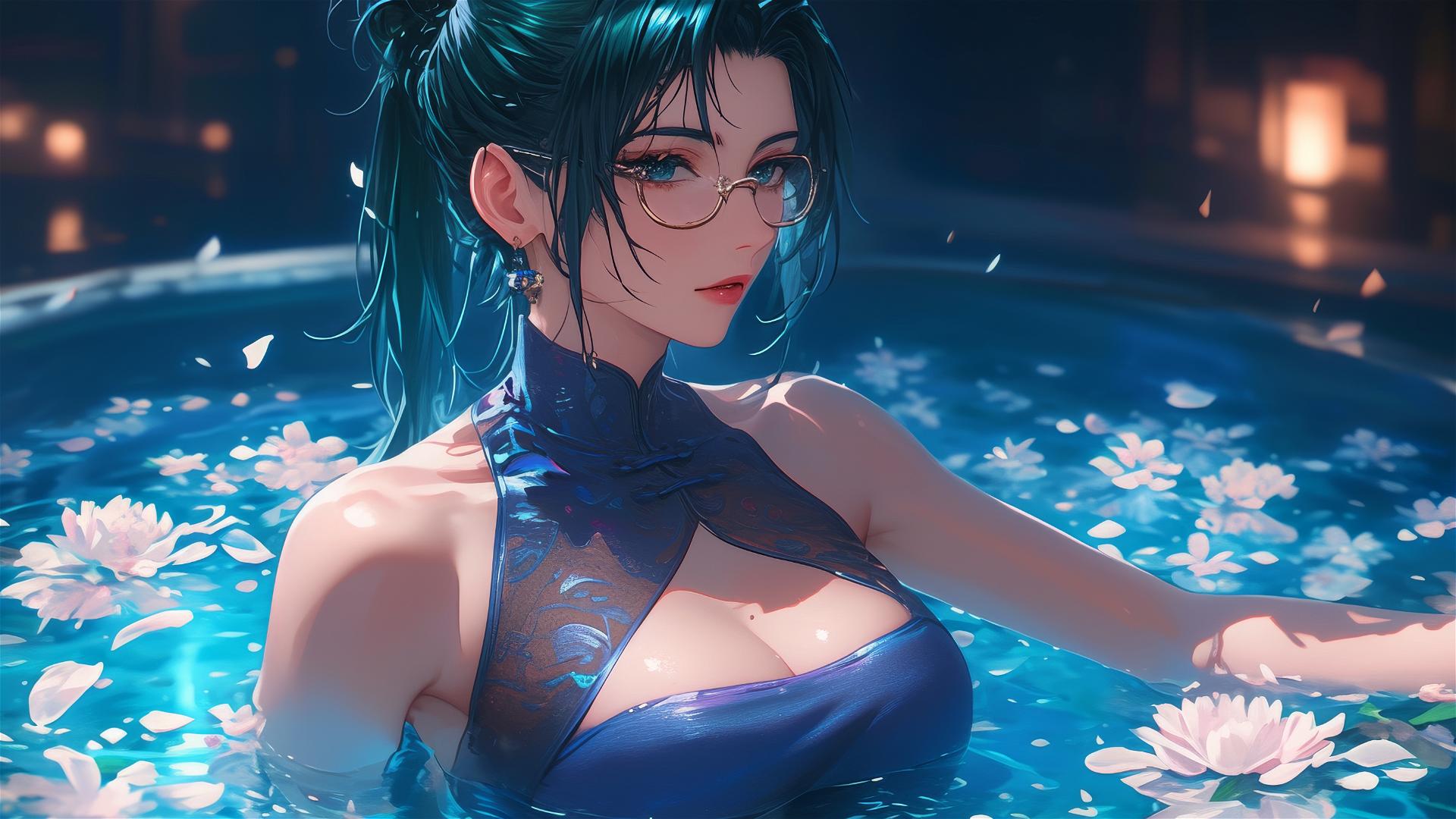 Maki Zenin from Jujutsu Kaisen in a flower-filled tub, Chinese spa