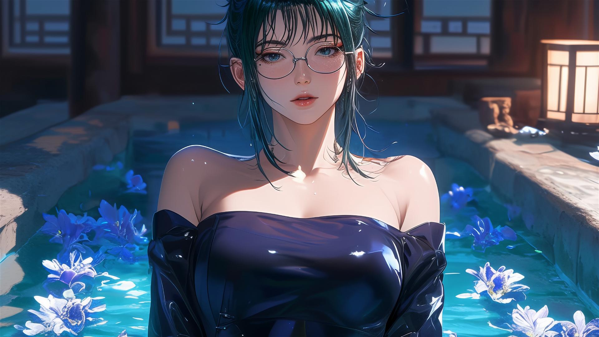 Maki Zenin from Jujutsu Kaisen in tub full of flowers with eye glasses