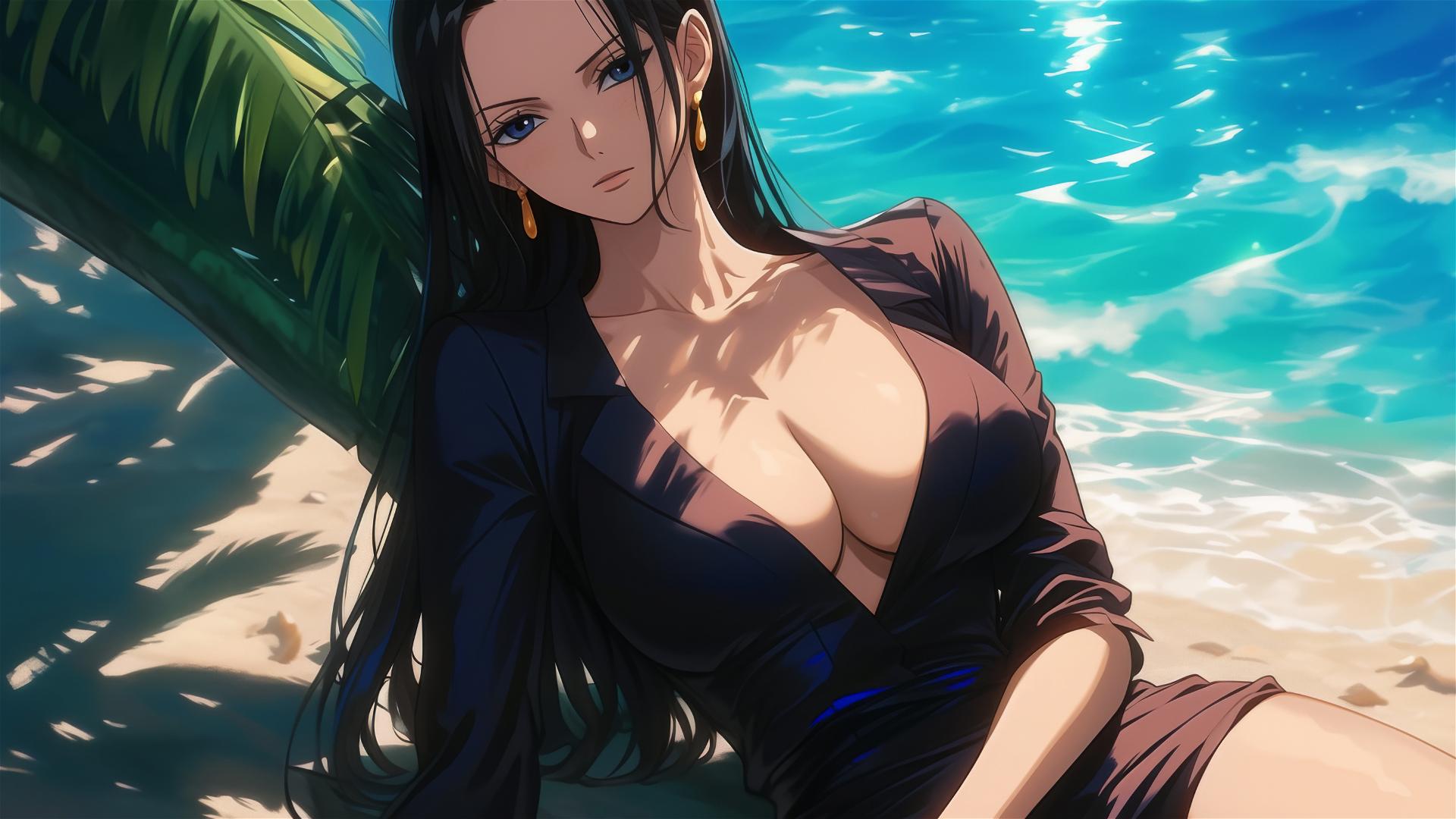 Nico Robin from One Piece resting on sunny beach