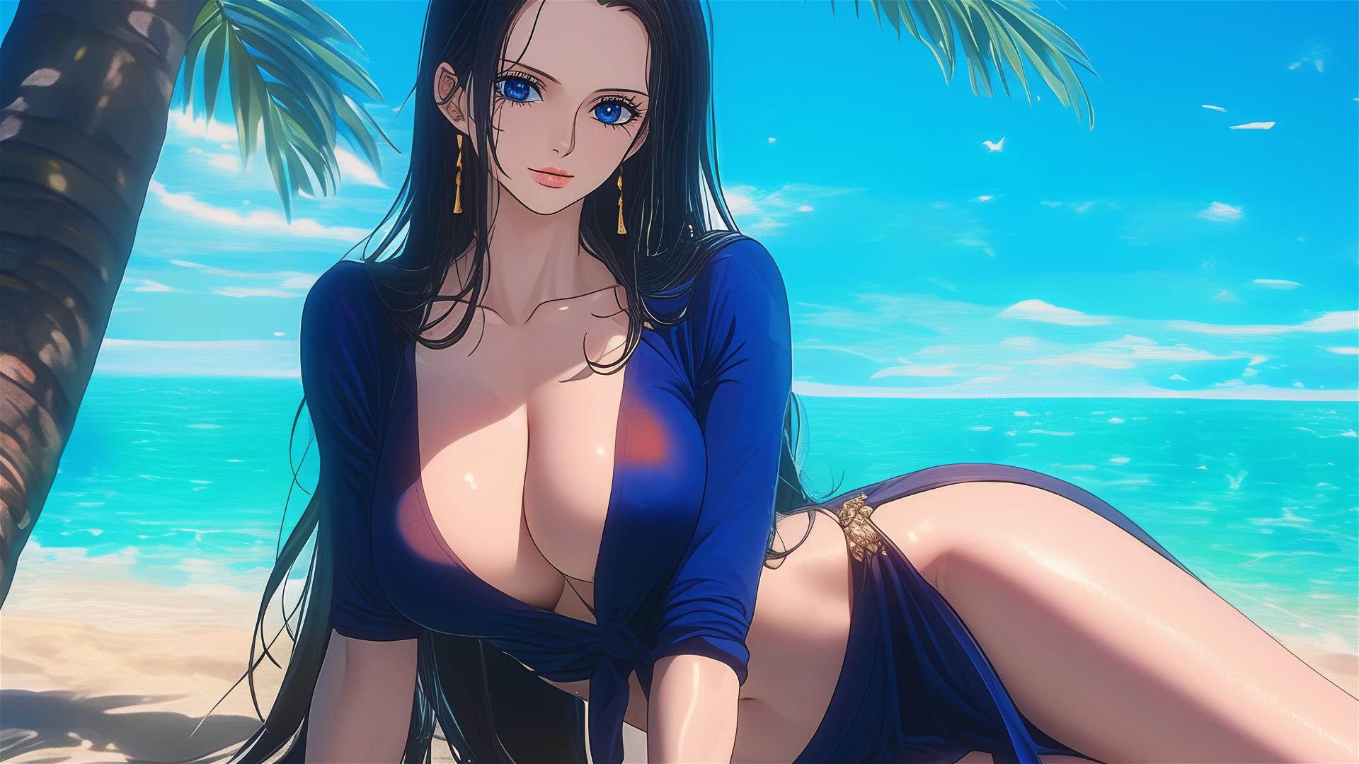 Nico Robin from One Piece resting on a sunny beach