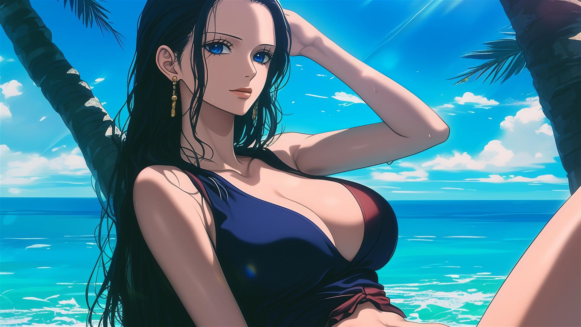 Nico Robin from One Piece resting at a sunny beach with warm light
