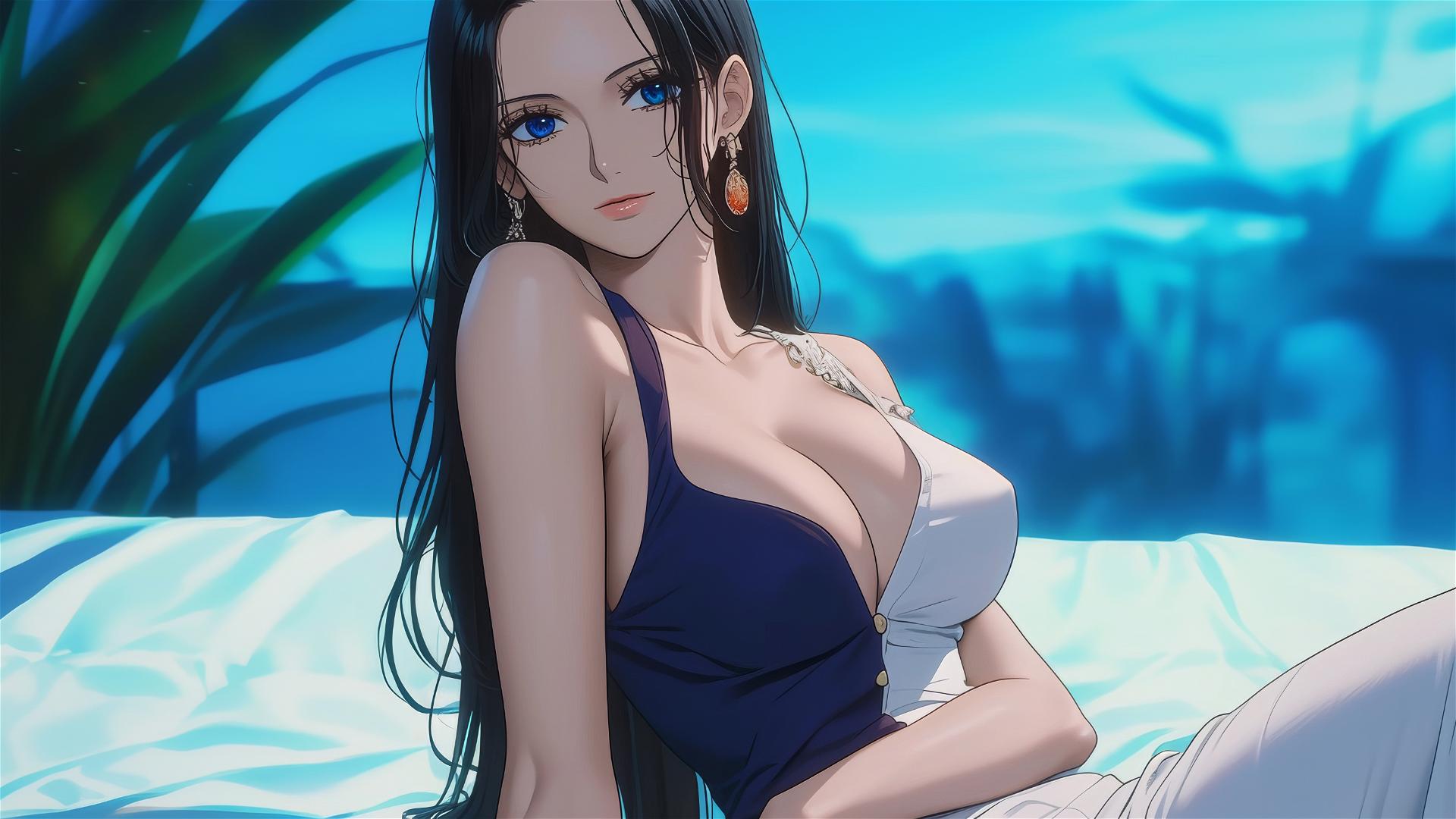 Nico Robin in pure white dress resting in modern hotel room with moonlight
