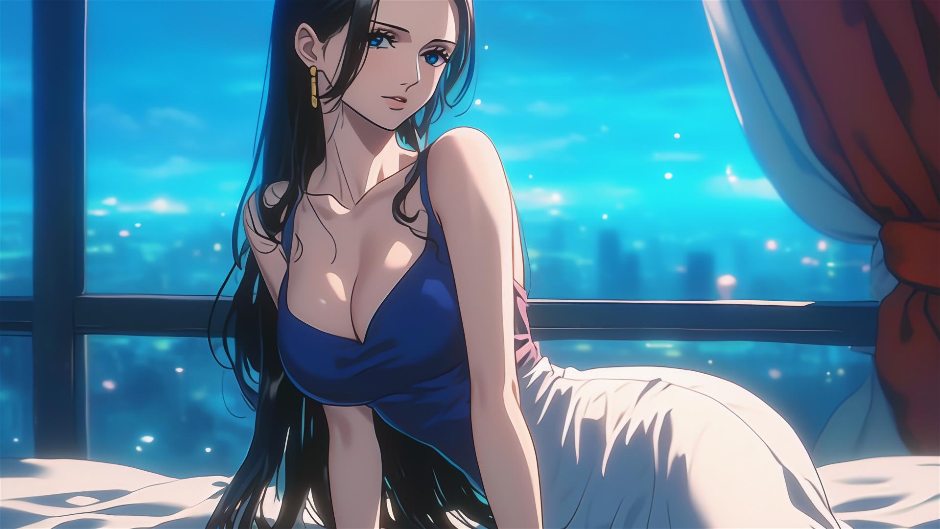 Nico Robin in a white dress, relaxing in a modern hotel room with moonlight.