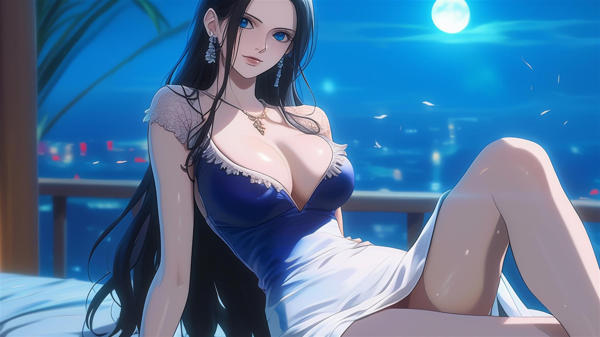 Nico Robin from One Piece, in a pure white dress, resting in a modern hotel room with moonlight glow