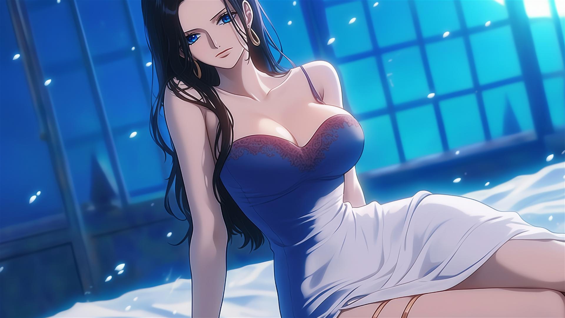 Nico Robin in a pure white dress resting in a modern hotel room under moonlight