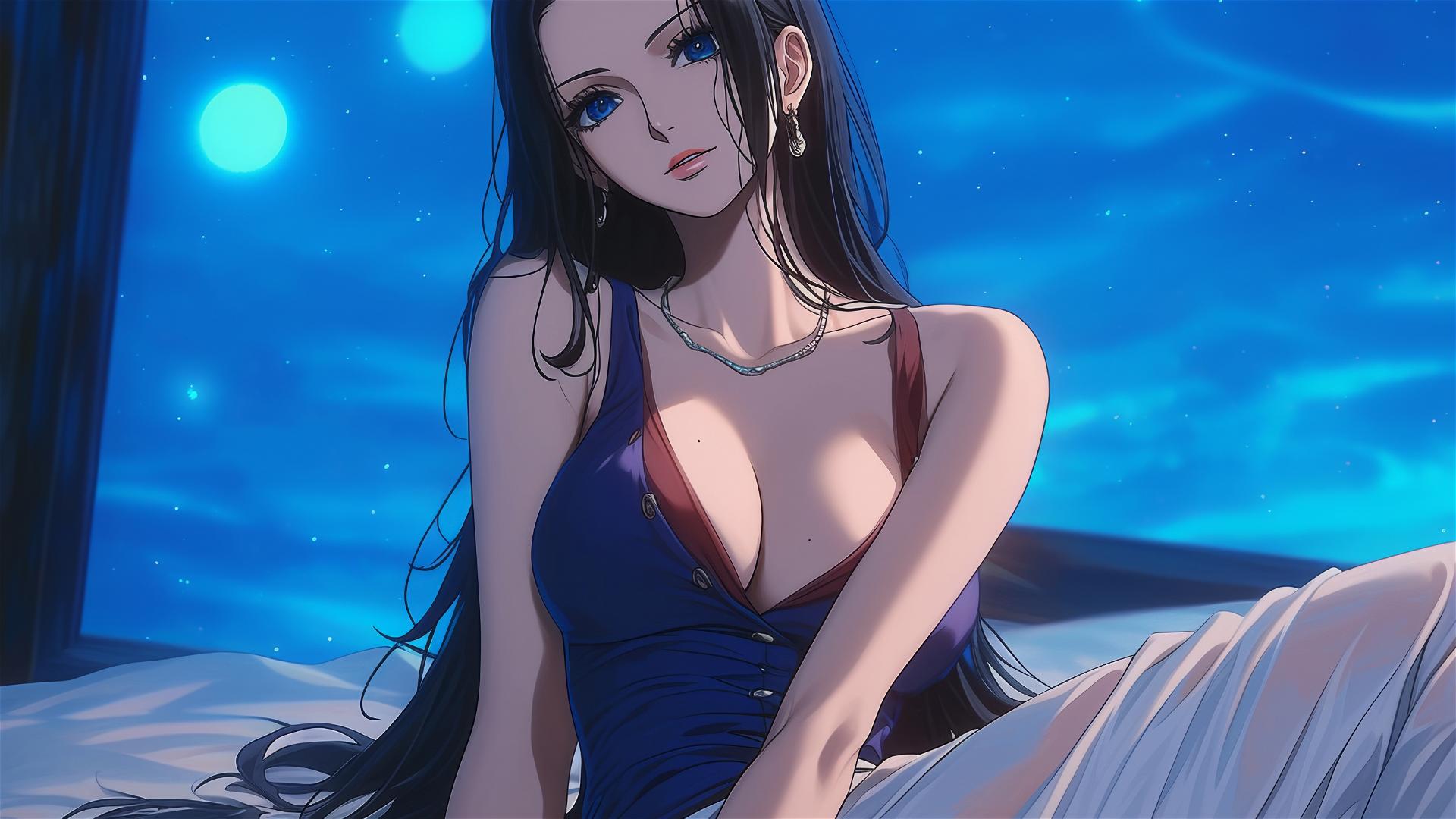 Nico Robin from One Piece resting in a modern hotel room, moonlight glowing softly.