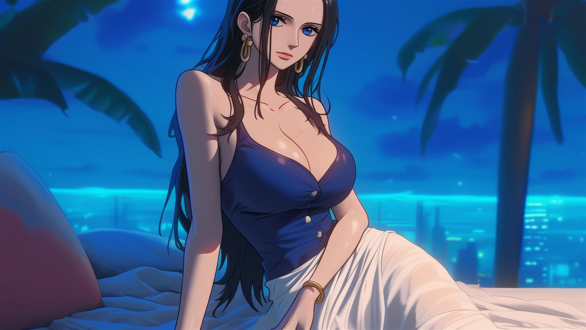 Nico Robin from One Piece resting in modern hotel room, moonlight glow, white dress.