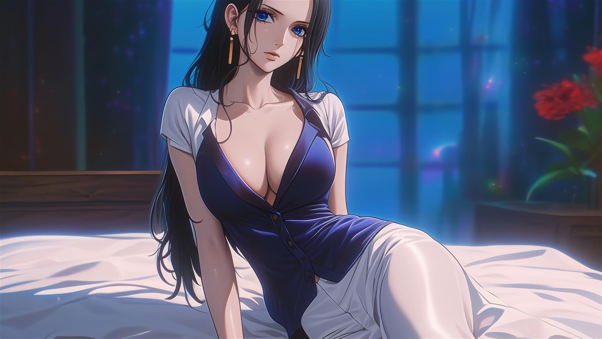 Nico Robin resting in a modern hotel room with moonlight glow
