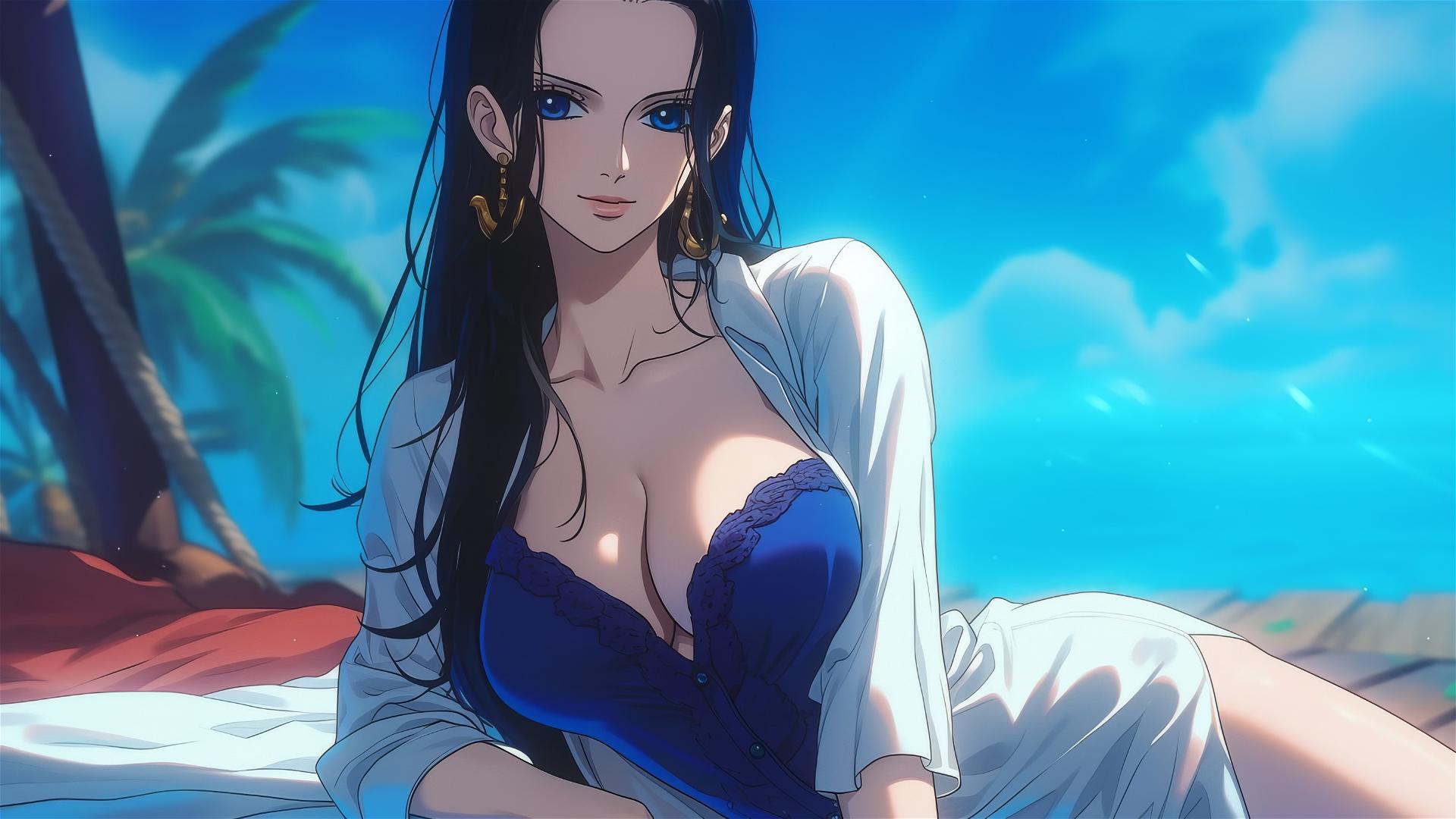 Nico Robin resting in a modern hotel room under moonlight in white silk pajamas