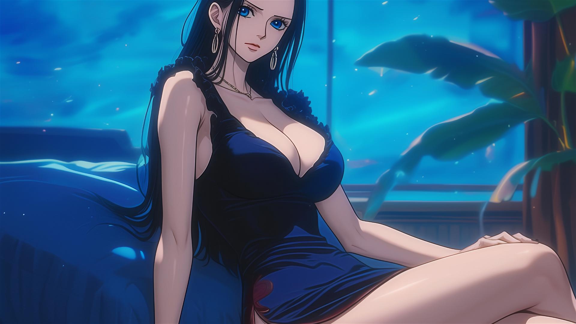 Nico Robin from One Piece resting in a modern hotel room with moonlight glow.