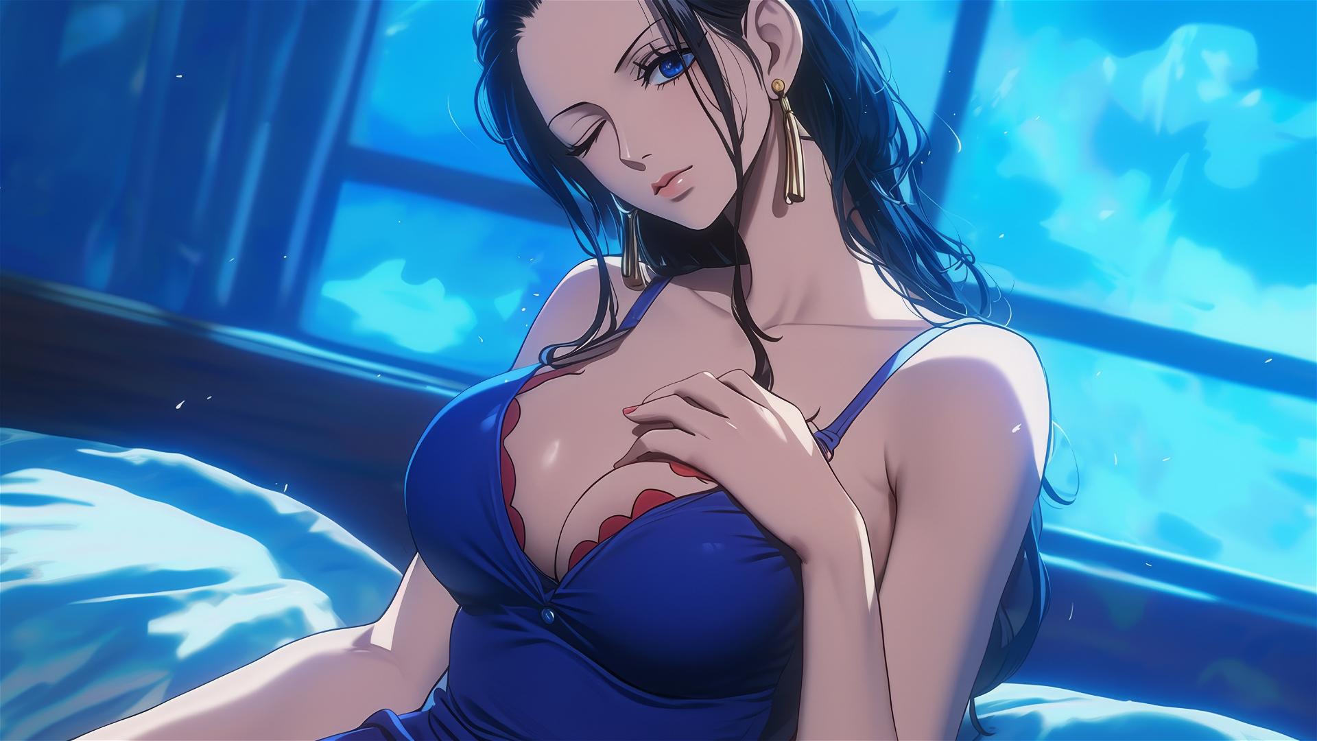 Nico Robin from One Piece resting in a modern hotel room with moonlight glow