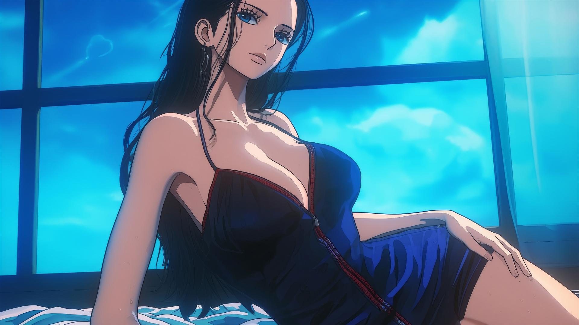 Nico Robin from One Piece resting in a modern hotel room with moonlight glow