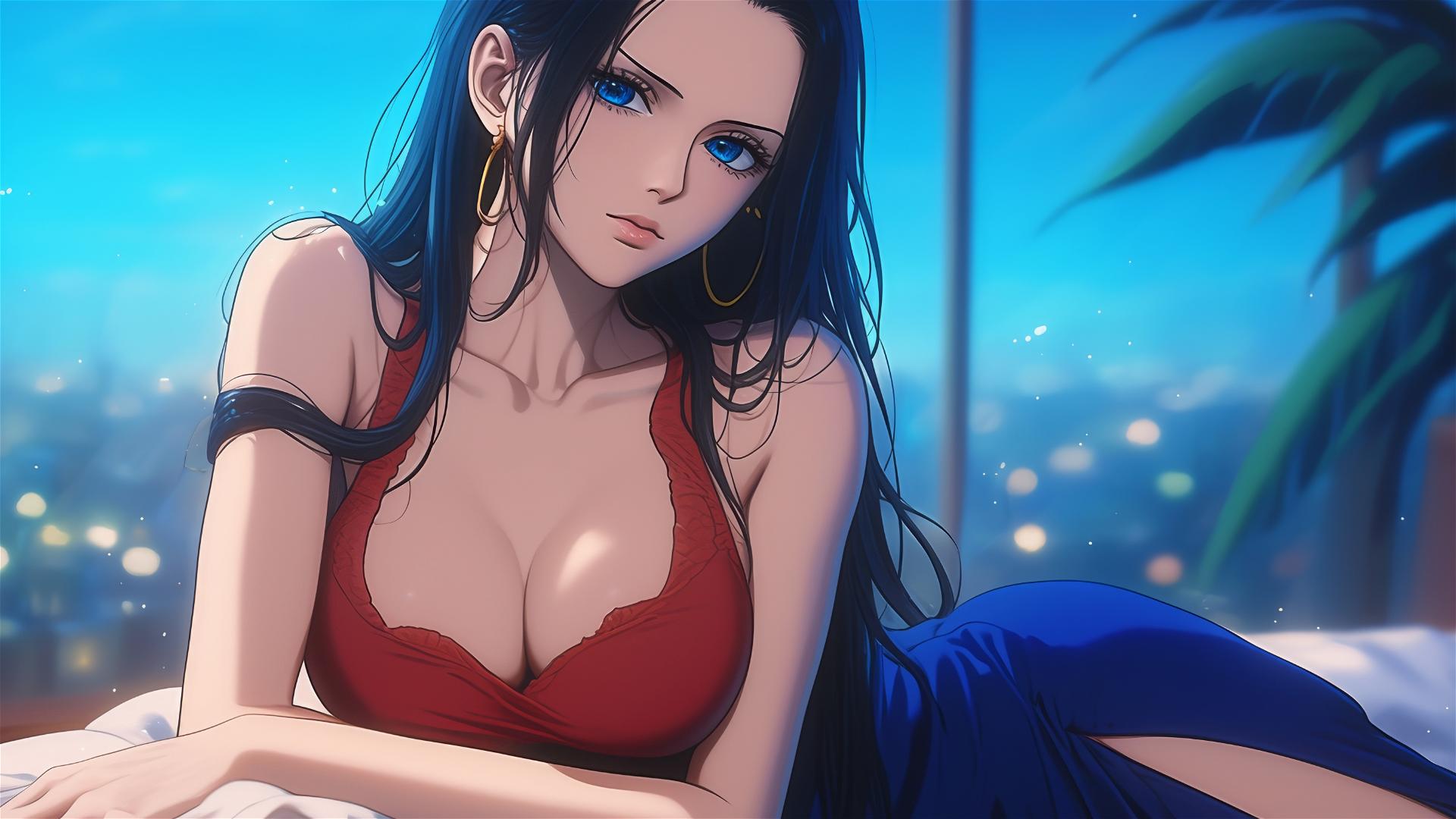 Nico Robin from One Piece resting in a modern hotel room with moonlight glow