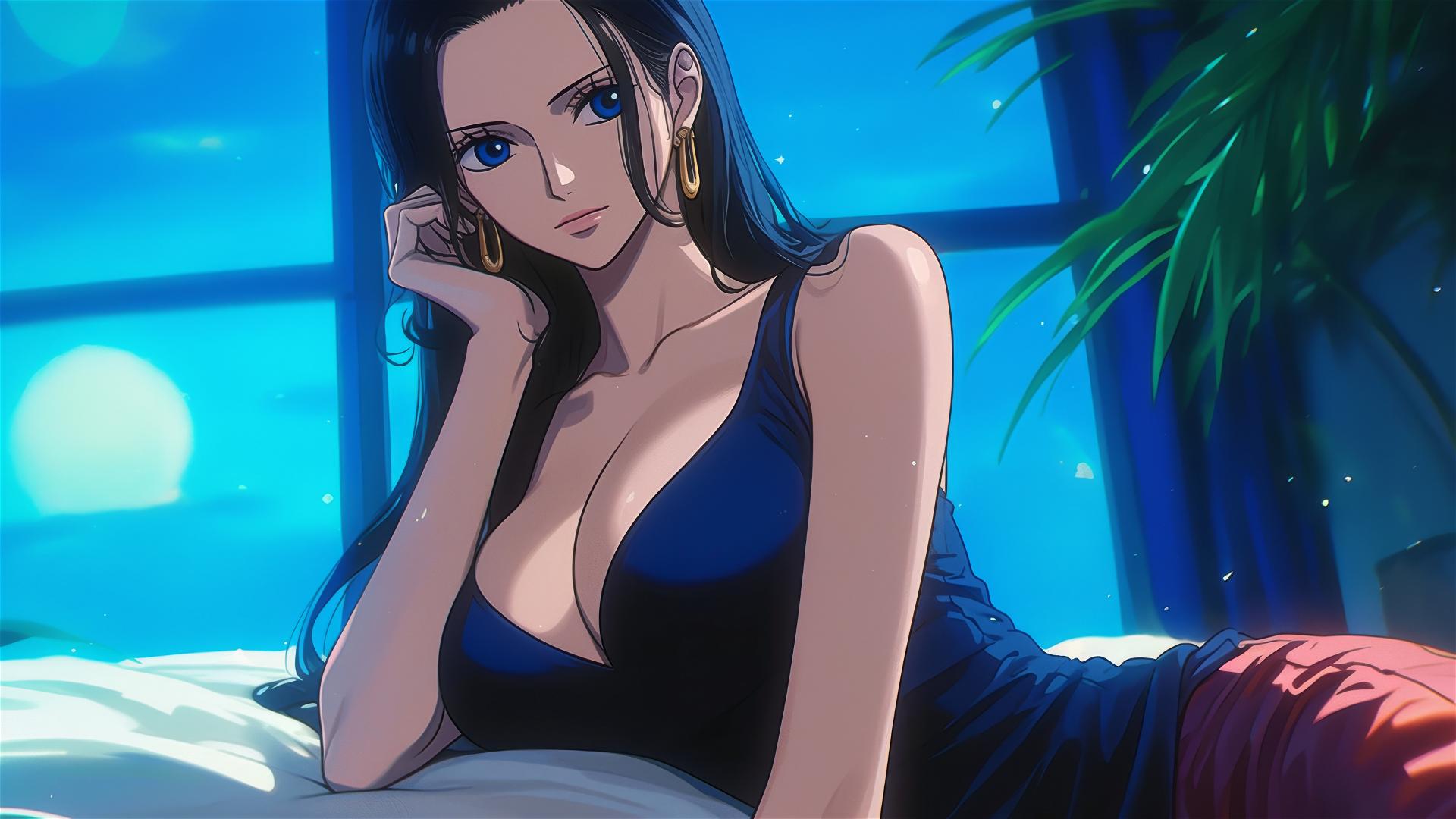 Nico Robin from One Piece rests in a modern hotel room under moonlight
