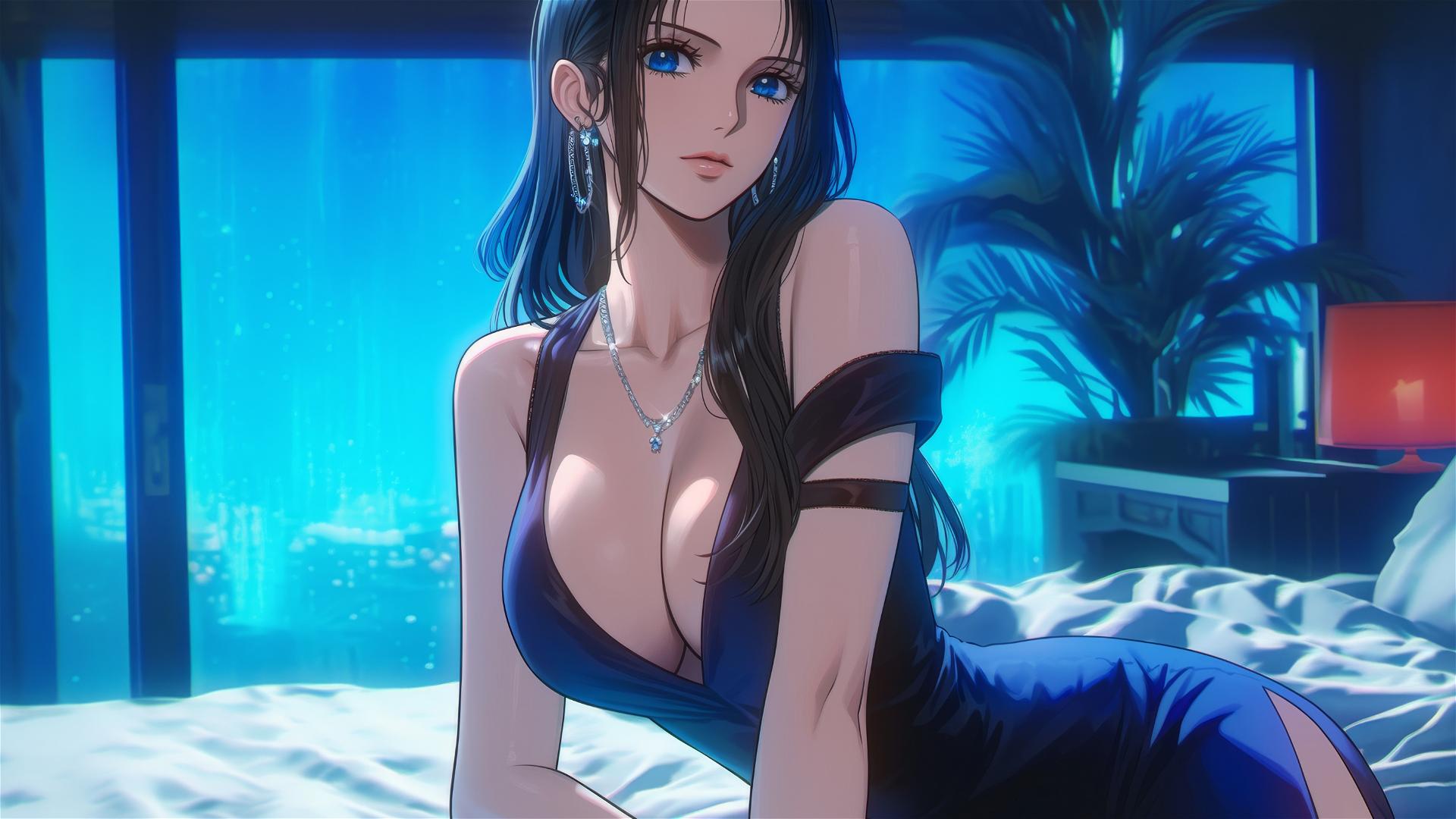 Nico Robin resting in a modern hotel room illuminated by moonlight.